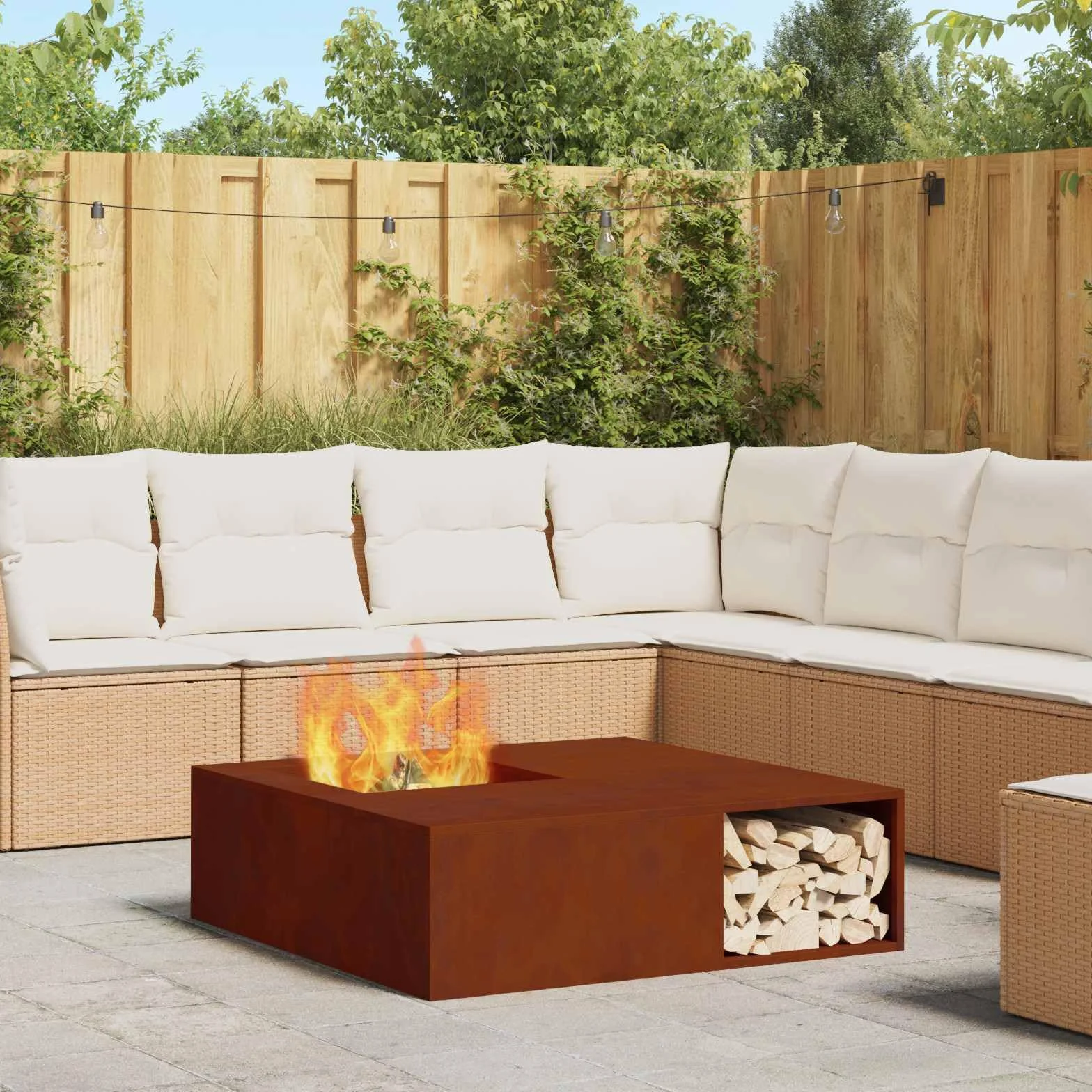 Feuerstelle Braun aus Wetterfeststahl 100 x 100 x 30 cm, quadratischer Kamin Ofen für Terrasse und Garten, langlebig, 600 Grad, 24 kg, Außenfeuerkorb für behagliche Abende