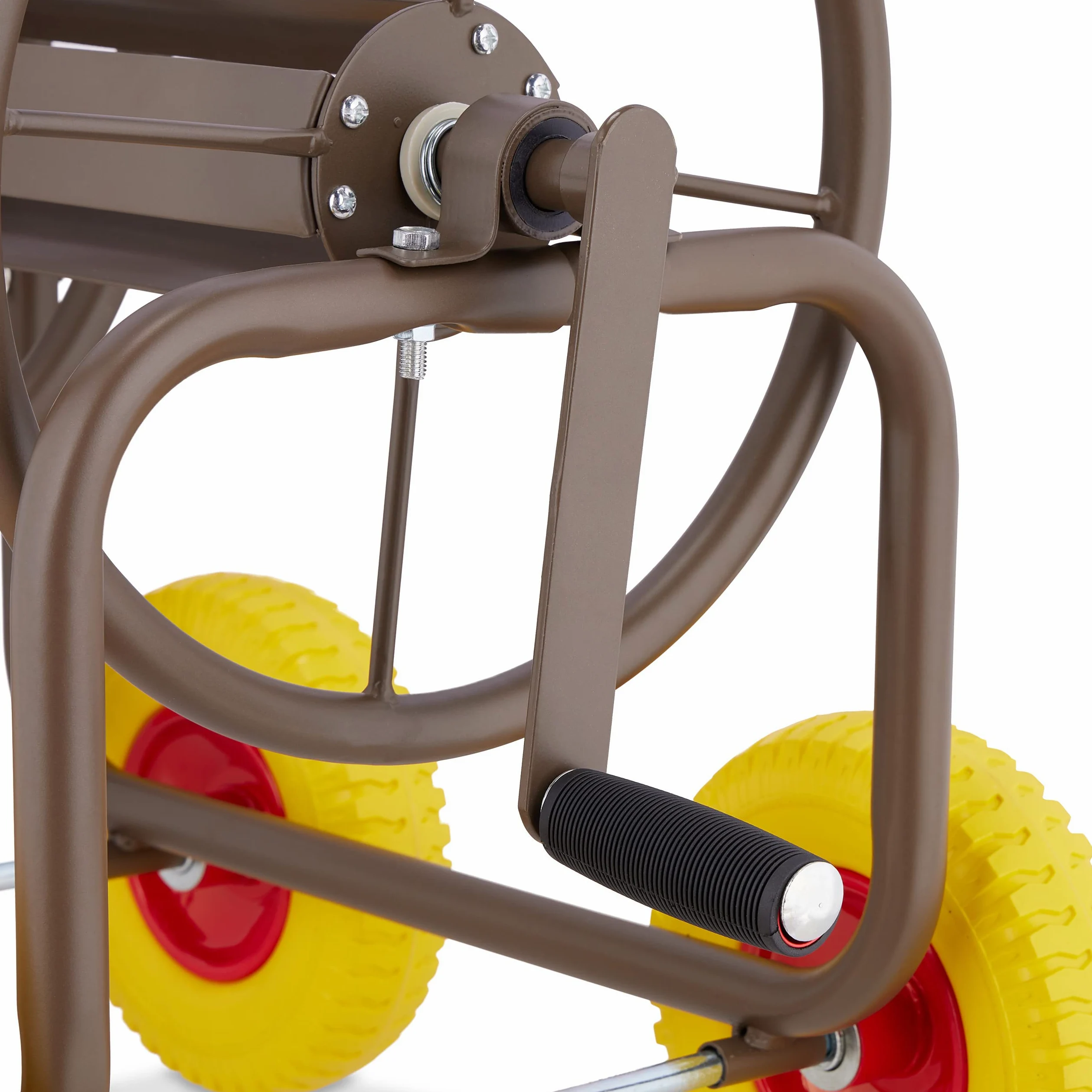 Relaxdays Schlauchwagen, bis 60 m, 4 Vollgummireifen, Klickkupplung, Schlauchtrommel Metall, Schlauchabroller, braun