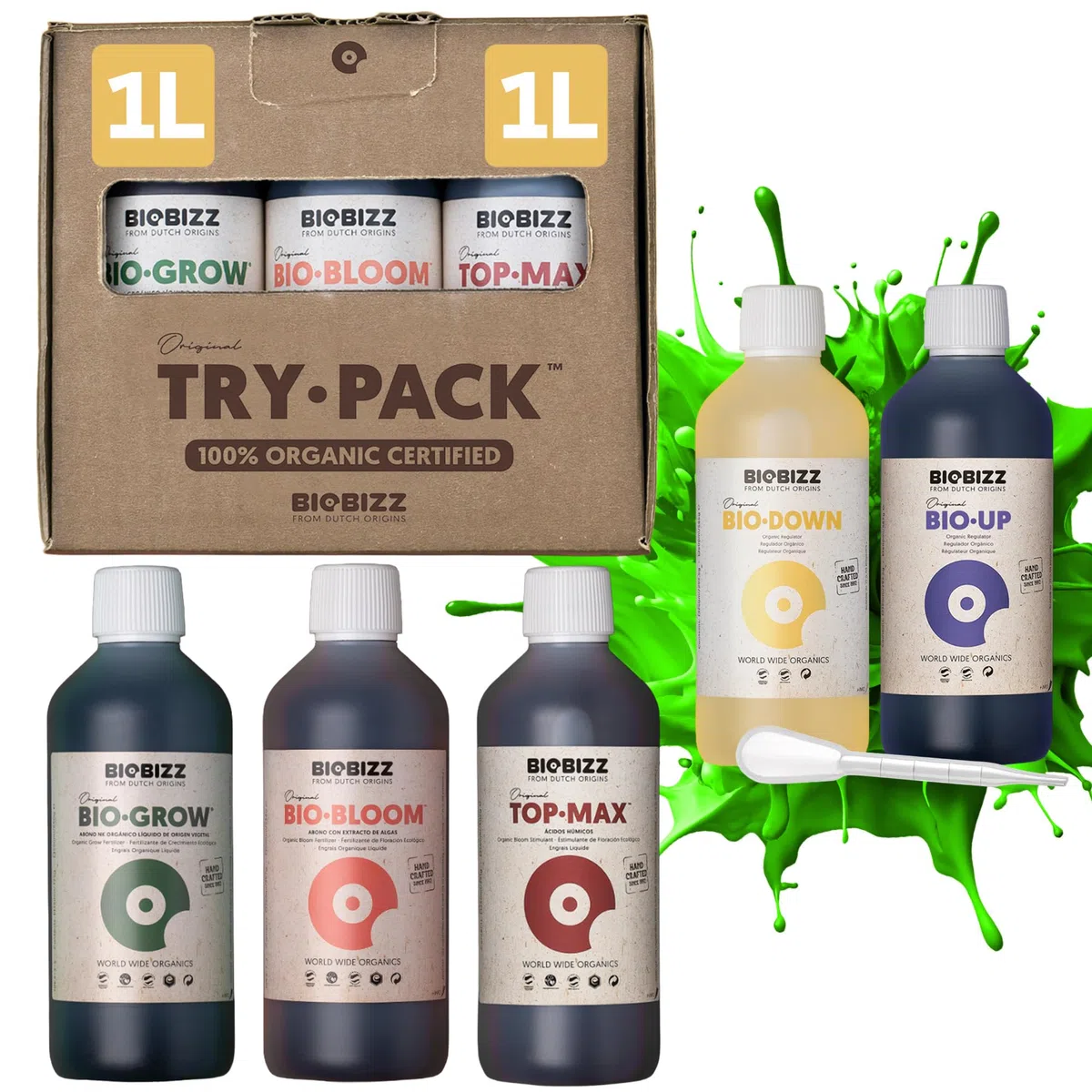 Biobizz XXL Trypack Indoor Set mit Bio Bloom, Bio Grow und Top Max je 1L und Bio Up, Bio Down je 250ml inklusive Messpipette