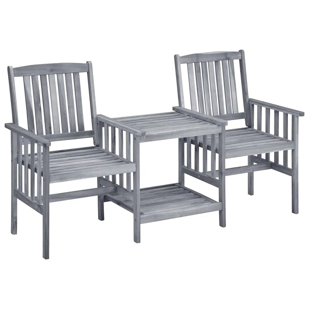 Gartenstühle mit Teetisch und Kissen, 2-Sitzer Gartenbank mit Integriertem Tisch, Holz-Bistro-Set aus Akazie Massivholz für Garten Terrasse Balkon, Grau, 159x61x92 cm