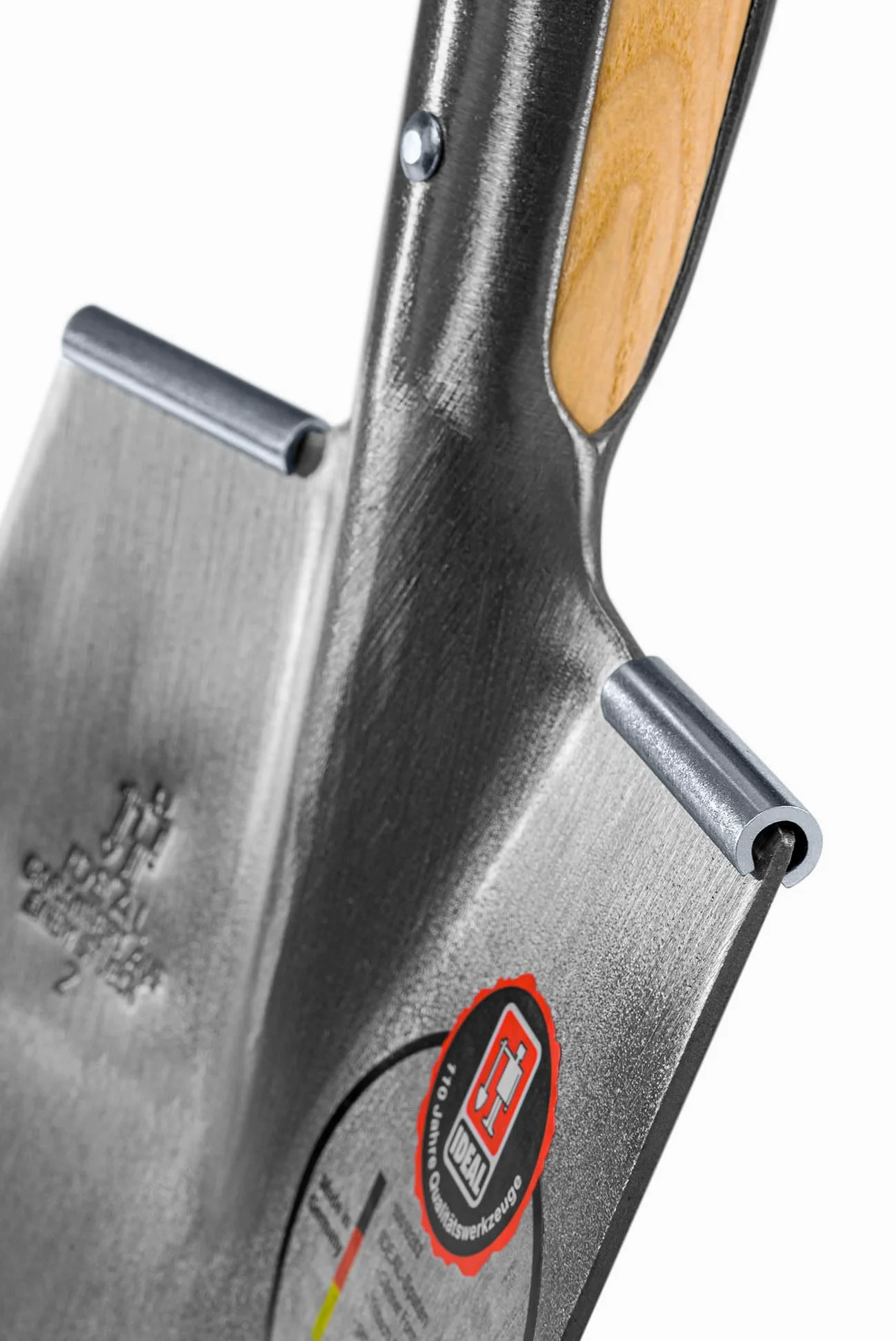 IDEAL-Spaten Gärtner Form | für mittelfeste, leicht steinige Böden | feinpolierter Doppelfederspaten, selbstschärfend, mit Tritt, Eschen-T-Stiel 85 cm