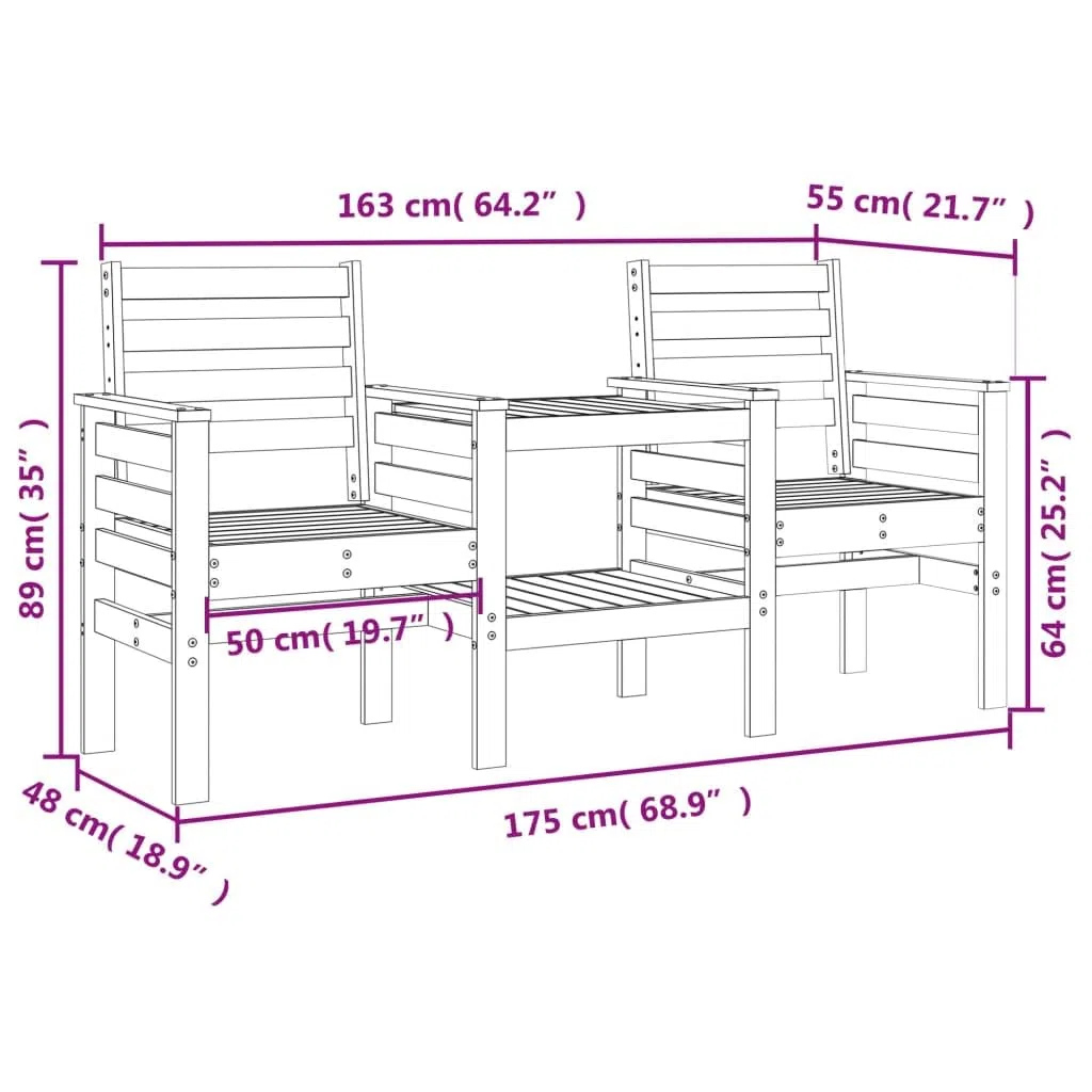 Gartenbank 2-Sitzer aus massivem Kiefernholz mit integriertem Tisch und Ablage, wetterfestes Holz für Terrasse Balkon und Außenbereich, Bequeme Rückenlehne und Armlehnen für entspannte Ruhe