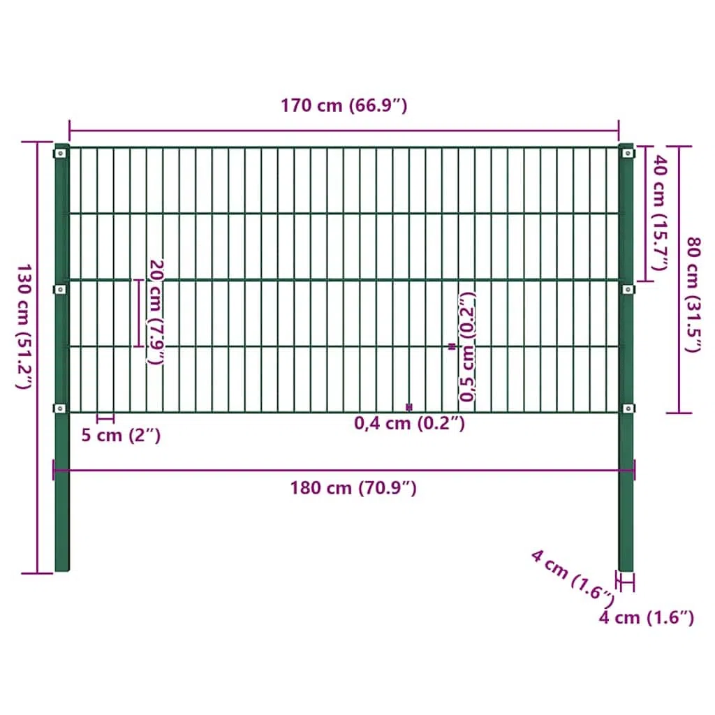 Zaunelement mit Pfosten Eisen grün 176,5 x 80 cm wetterfestes Gartenzaun-Doppelstabmatte mit Maschendraht Sichtschutz für Terrasse, Balkon, Vorgarten und Grundstück