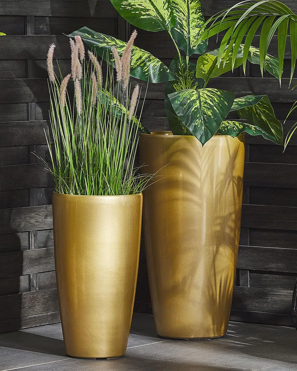 Blumentopf aus Steingemisch Gold 32x32x58 cm rund moderner Look Tseria