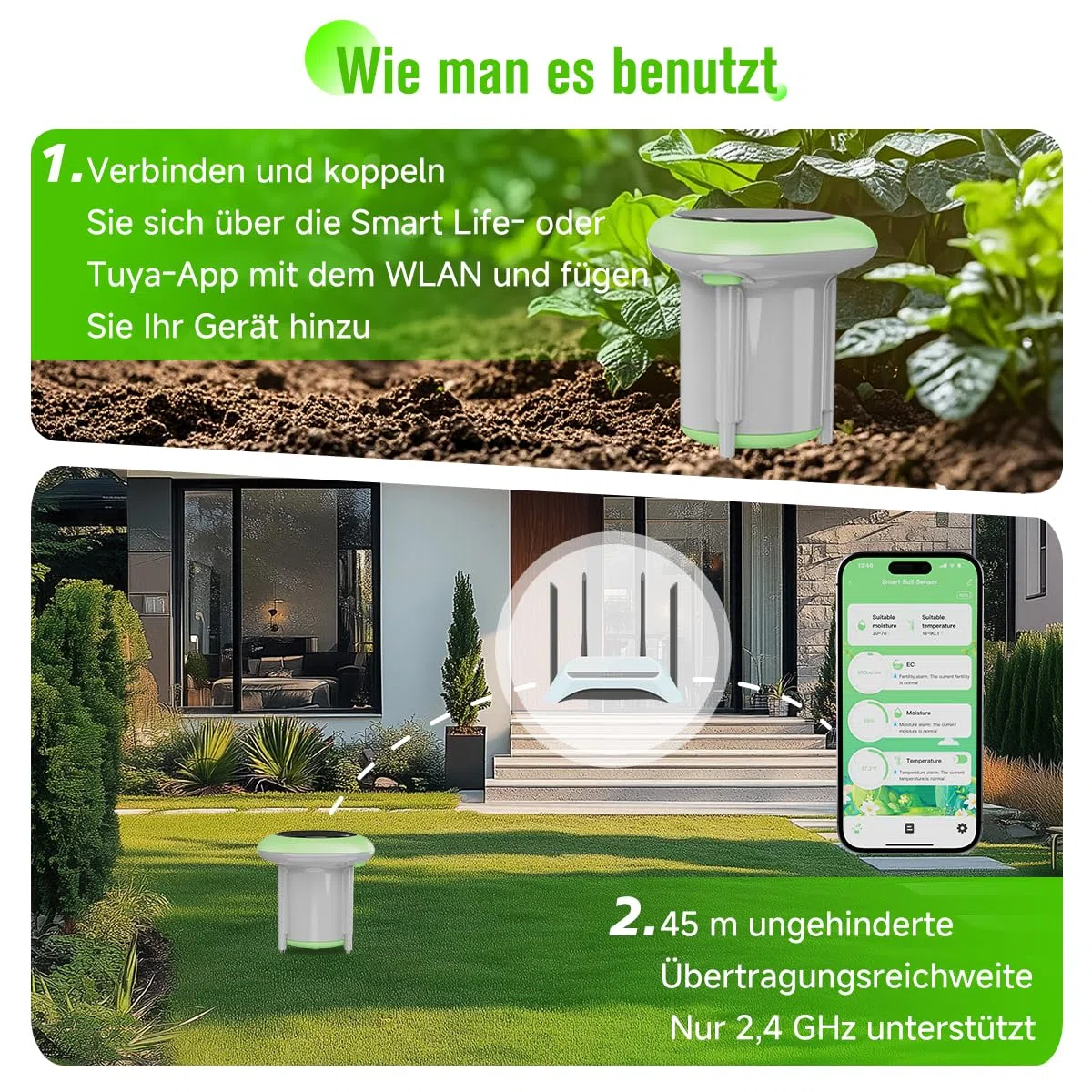 Smart 3-in-1 Bodenfeuchtigkeits-/Temperatur-/Düngemessgerät, digitaler Bodensensor mit Tuya/Smart Life APP-Push-Benachrichtigung für Garten/Landwirtschaft/Rasen