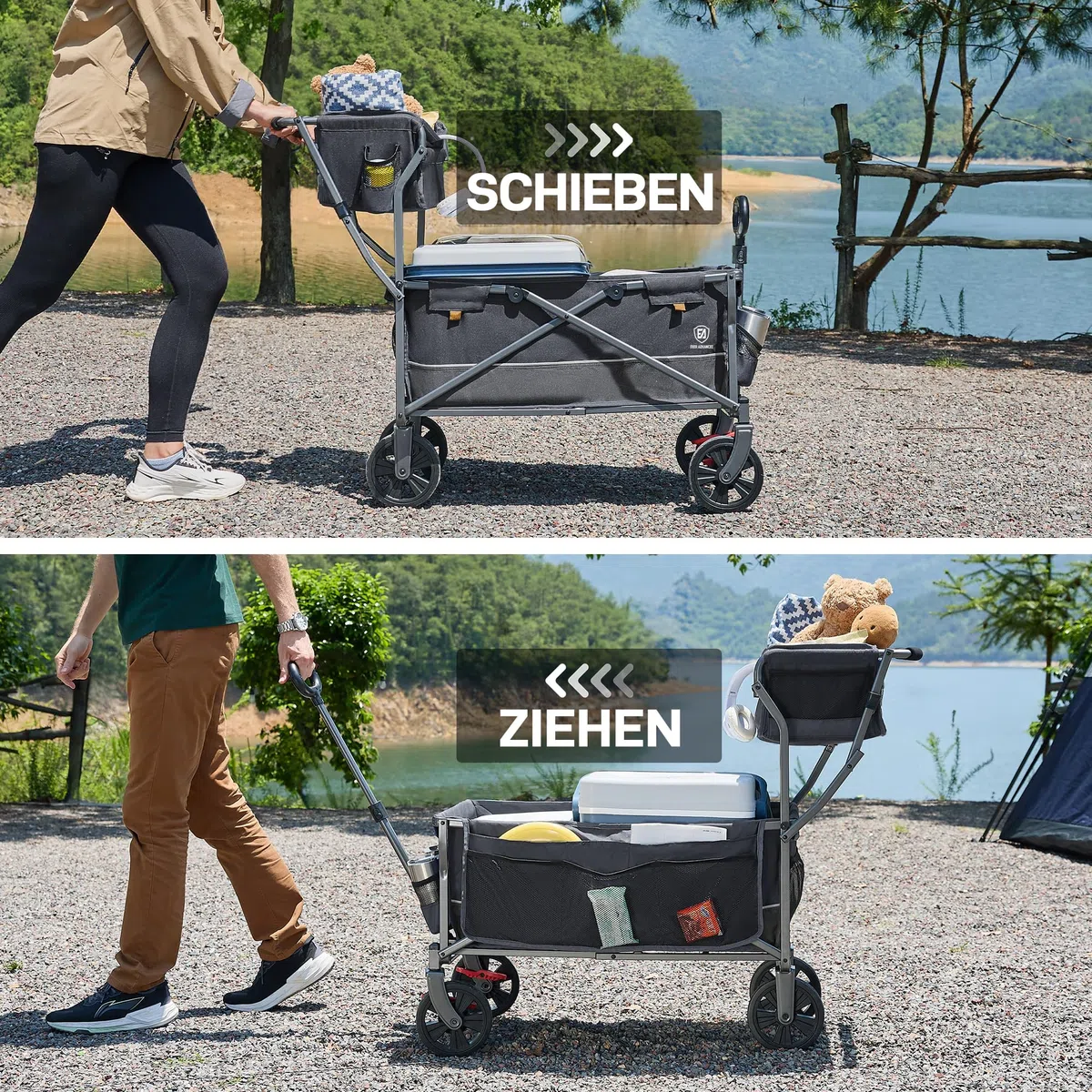 EVER ADVANCED Bollerwagen faltbar schieben&ziehen mit Bremse Einkaufskorb Getränkhalter Seitentasche Handwagen klappbar Strandwagen bis 120kg Faltwagen Transportwagen für Camping
