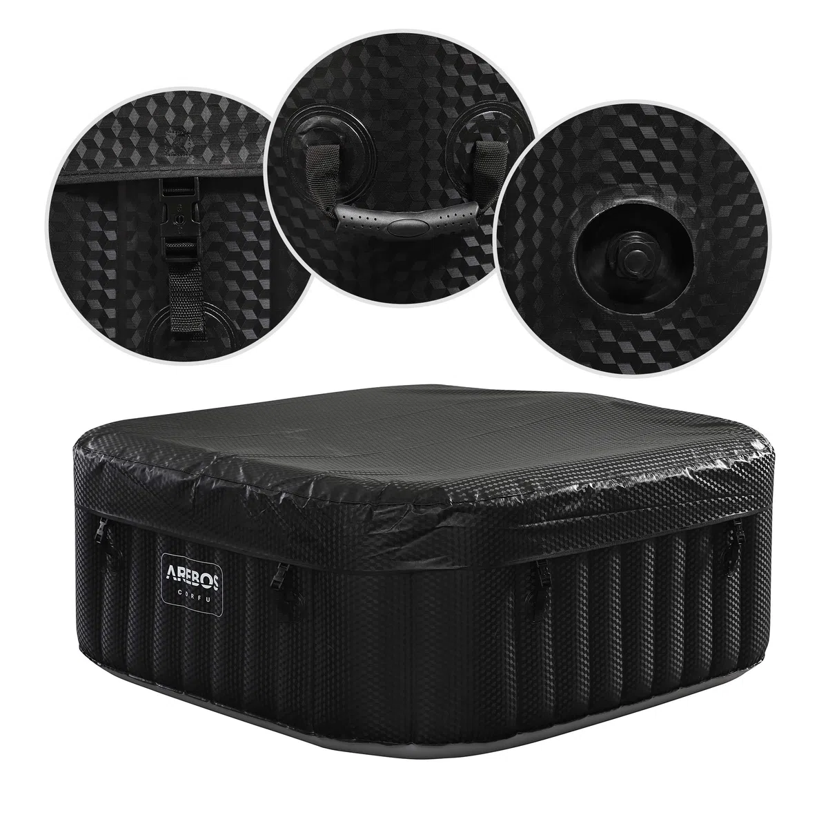 Arebos Whirlpool | 154 x 154 cm | mit LED-Beleuchtung | aufblasbar | quadratisch | In- & Outdoor | 4 Personen | 100 Massagedüsen | mit Heizung | 600 L | Inkl. Abdeckung | Bubble Spa & Wellness Massage