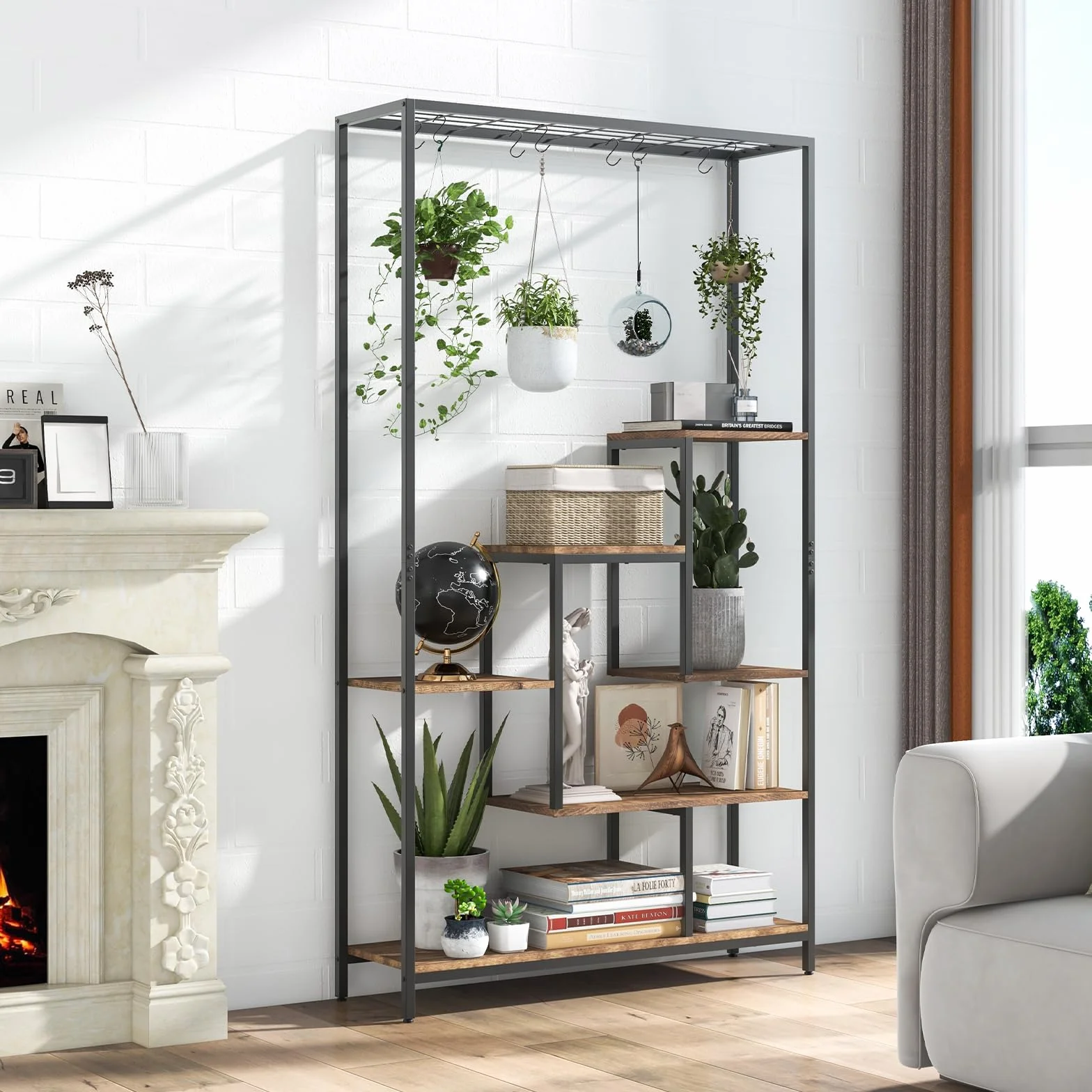 GOPLUS 6 Etagen Pflanzenständer, Pflanzenregal mit Hängeregal & 10 S-Haken, Blumenregal Blumenständer Blumentreppe für Wohnzimmer & Balkon, 100 x 30 x 180 cm (Rustikales Braun)