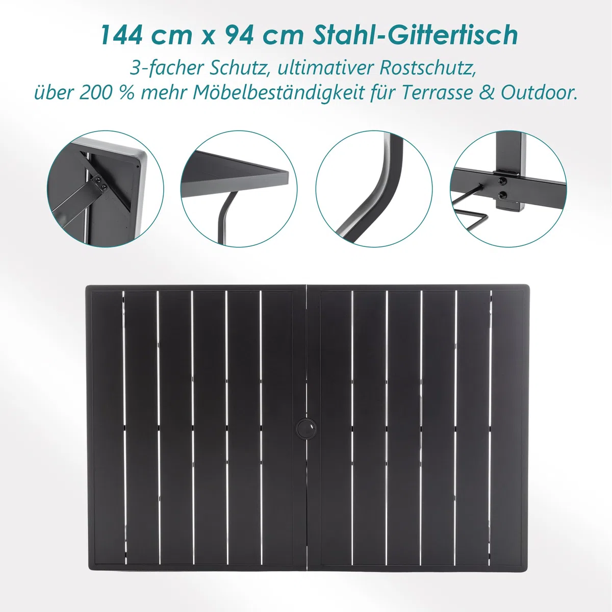 Thanaddo Gartentisch mit Schirmloch für 6 Personen, Wetterfest Terrassentisch aus Stahl, Draussen Metall Tisch Gartenmöbel 150x94 cm Gartentische Campingtisch für Garten Balkon Outdoor, Schwarz