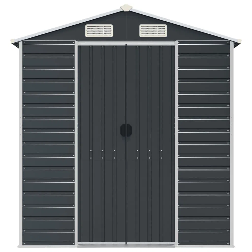 Gerätehaus Anthrazit 191x385x198 cm aus Verzinktem Stahl mit Schrägdach und 4 Lüftungsöffnungen für Gartengeräte und Brennholz Lagerung