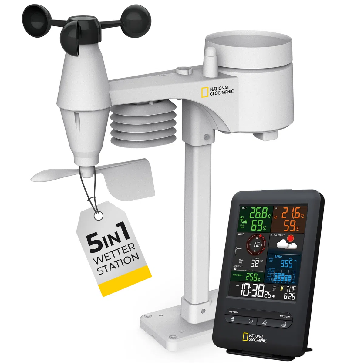 National Geographic Wetterstation Funk mit Außensensor Wetter Center 5-in-1 Colour mit Außensensor für Temperatur, Luftfeuchtigkeit, Luftdruck, Windmesser und Regenmesser, schwarz | Temperatur, Luftfeuchtigkeit, Regenmesser, Windmesser, Wettervorhersage,
