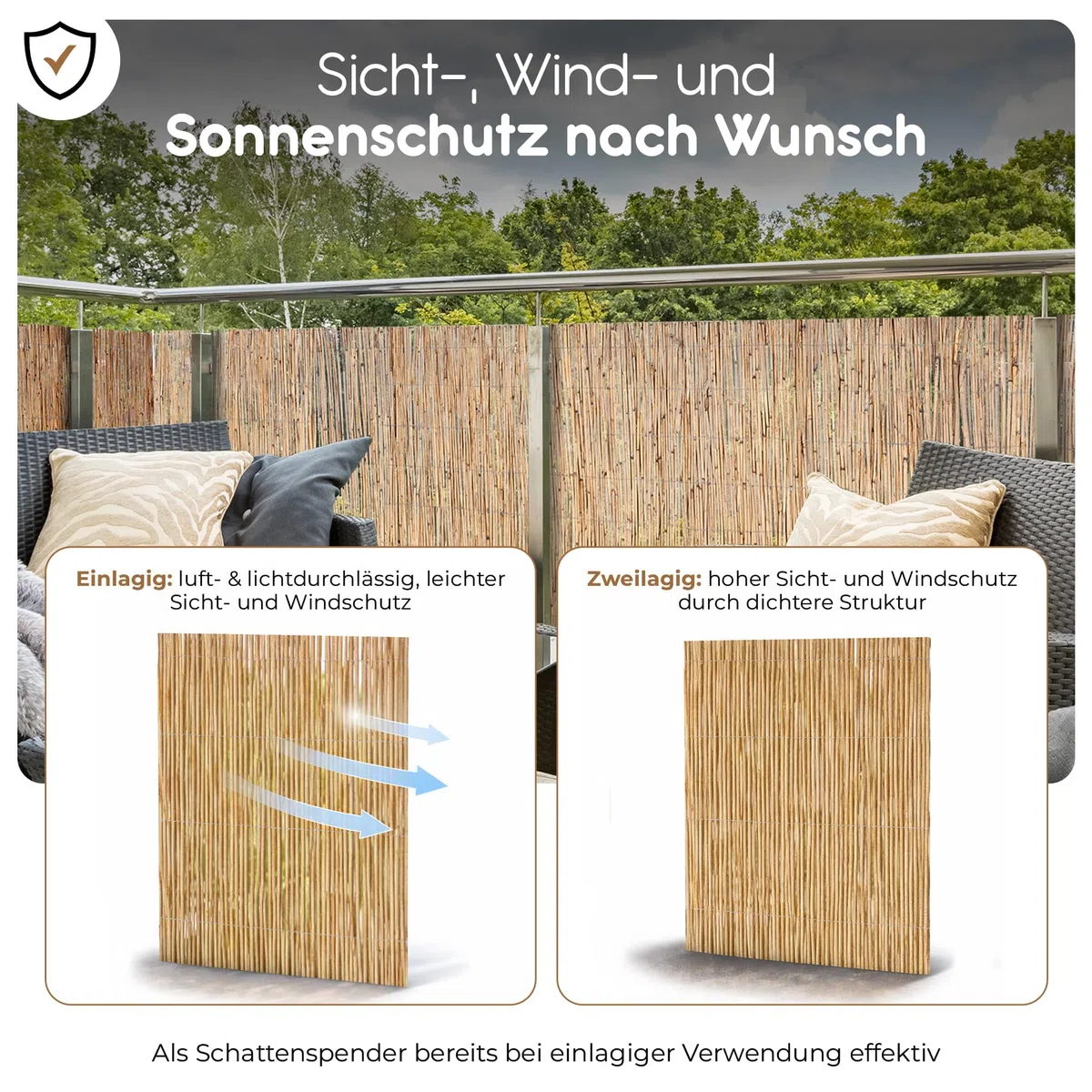 BooGardi Schilfmatte · Balkonsichtschutz in 12 Größen · Schilfrohrmatte 90x600 cm wetterfest · Balkon Sichtschutz Garten, Terrasse und Zaun · Sichtschutzmatte 90 cm hoch