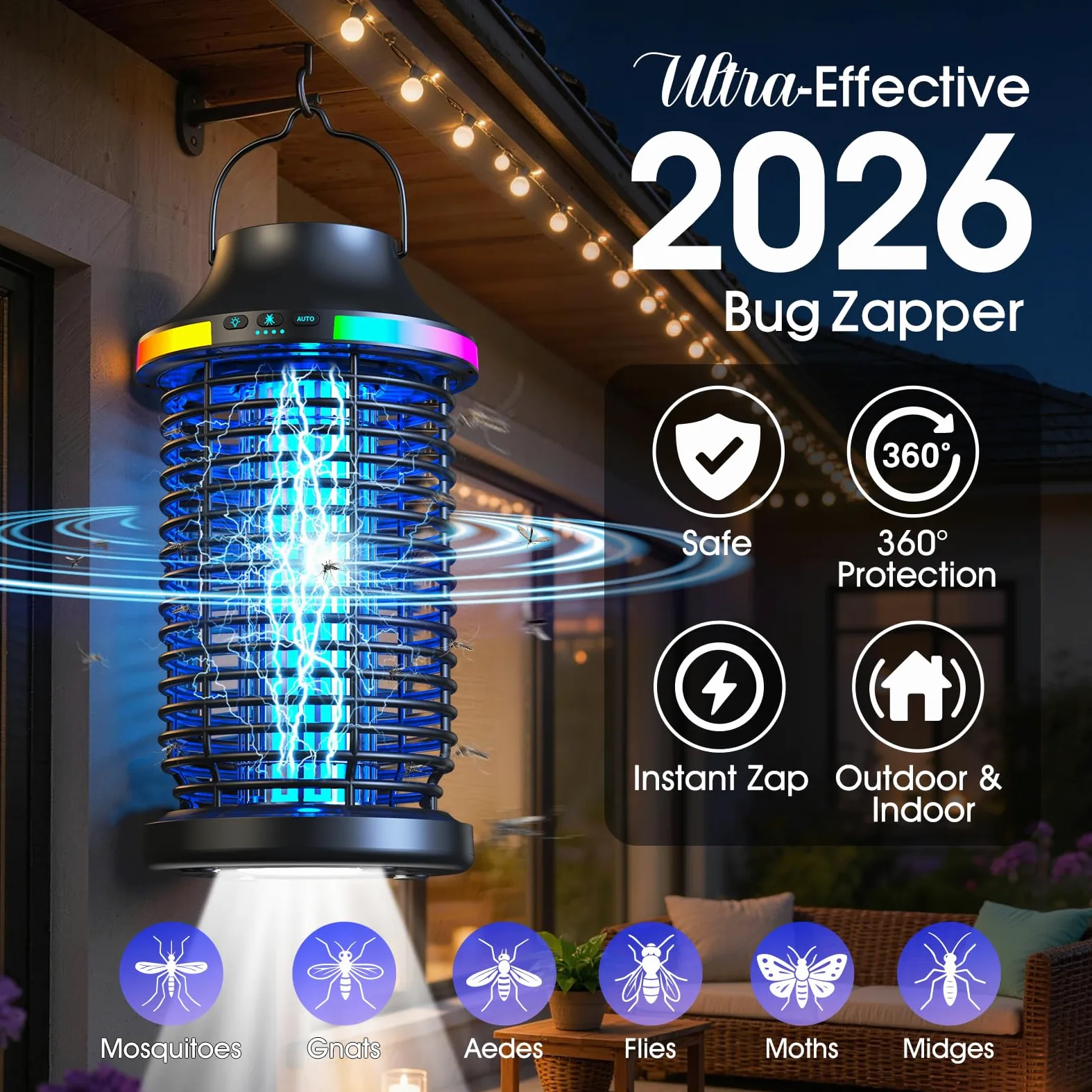 Bug Zapper Outdoor Kabellos, 2026 Upgraded 4200V Elektrischer Mückenzapper 5 in 1 Wiederaufladbarer Insektenvernichter Outdoor Wasserdicht mit 5000mAh Akku, Tragbarer Fliegenvernichter