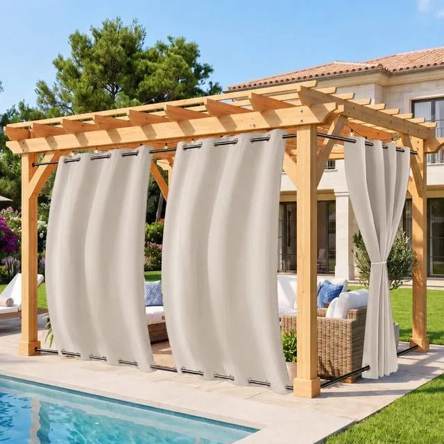 Rosnek 2erOutdoor Vorhang Wetterfest Winddicht, Balkon Gardinen mit Ösen Oben & Unten, Blickdicht Wasserdicht Sonnenschutz Sichtschutz Gardinen für Terrasse,Pergola,Pavillon, H213x B132 cm, Beige