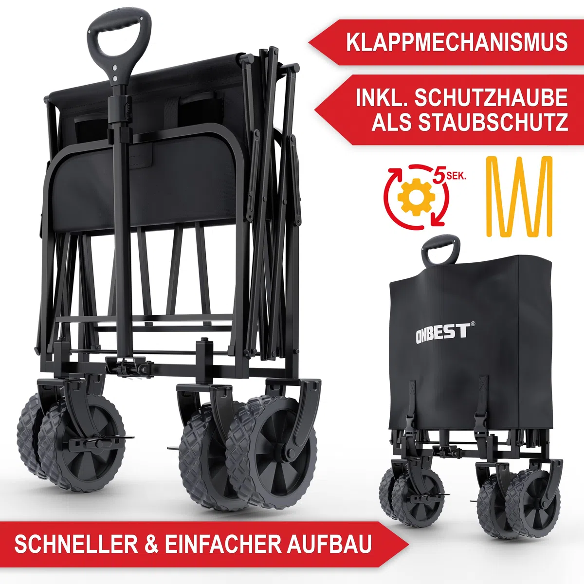 ONBEST Bollerwagen faltbar - Plus Regenschutz - Faltbollerwagen - Bollerwagen Für viele Anwendungen - Outdoor - klappbarer Transportwagen klappbar (Schwarz)