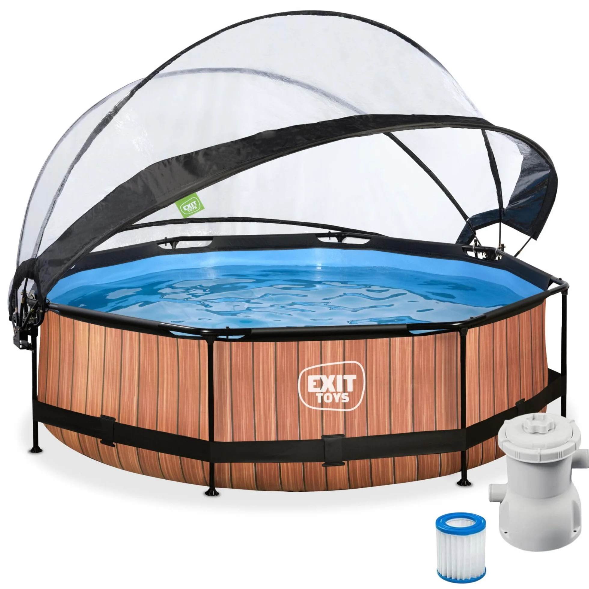 EXIT Toys Aufstellpool Rund ø 300 x 76 cm mit Abdeckplane – Pool mit Dach Für Kinder Geeignet – Filterpumpe, TÜV Geprüft – Wood – Braun