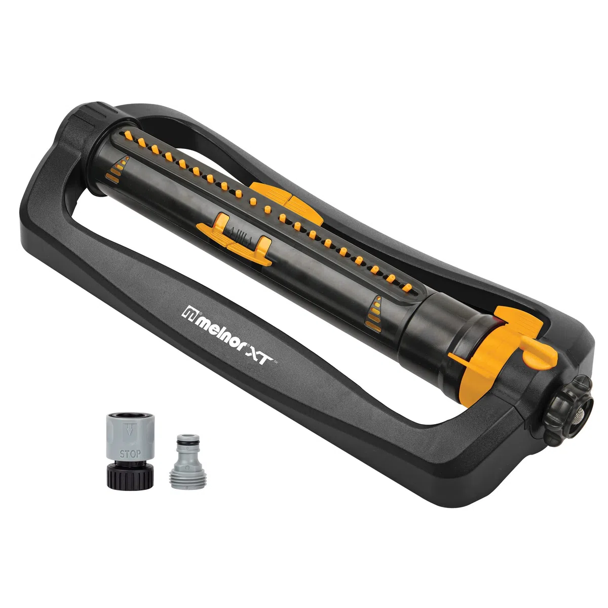 Melnor, oszillierender Rasensprenger Turbo, 418 m², Quick-Connect-Bundle, 3-Fach verstellbar, schwarz/gelb, 65167AMZ XT