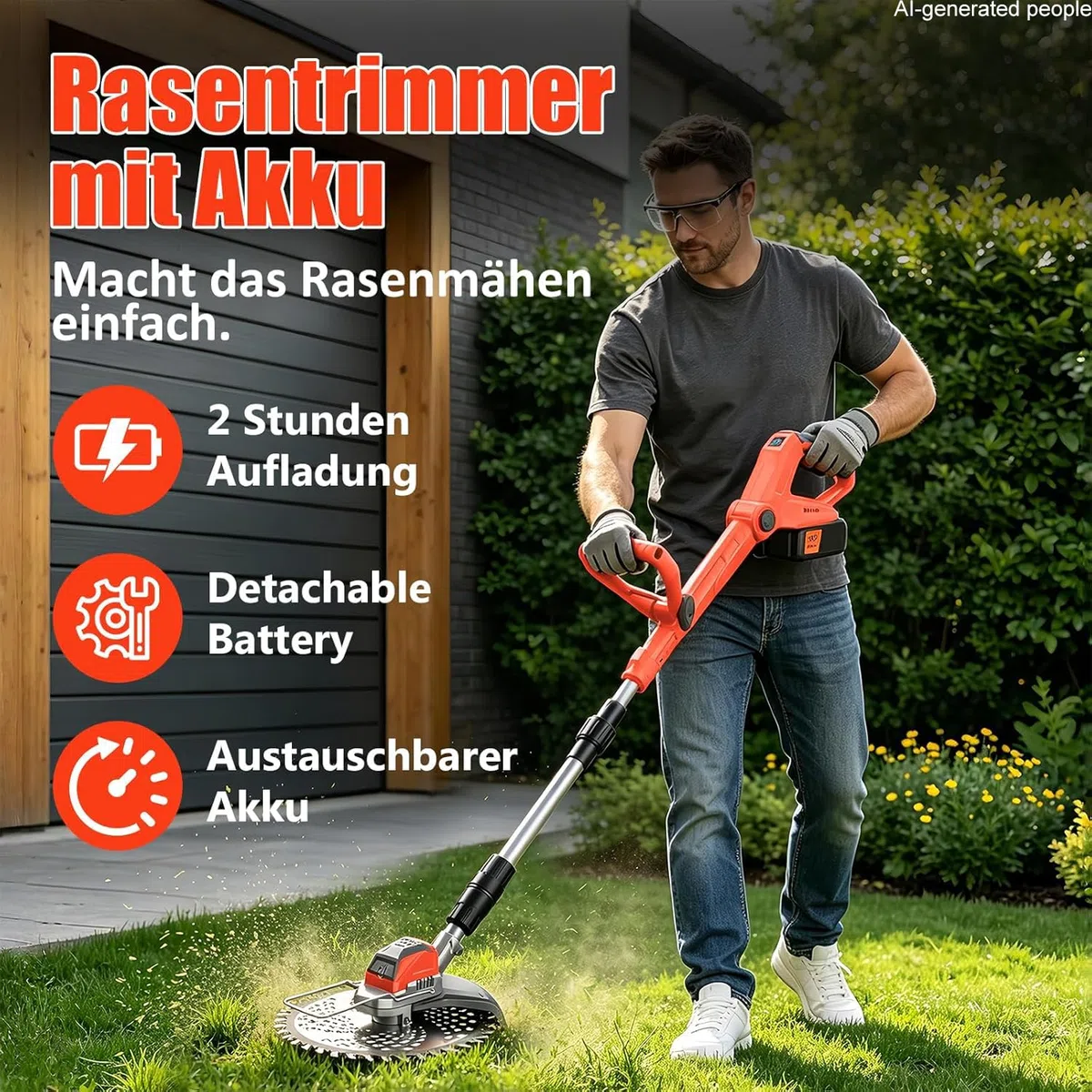 21V Rasentrimmer mit Akku, 3 in 1 Rasenkantenschneider mit Unkrautbürste, Faltbar Elektrischer Motorsense, Freischneider mit 3 Verschiedenen Klingen für Rasenschneiden Rasenpflege (Rot-1)