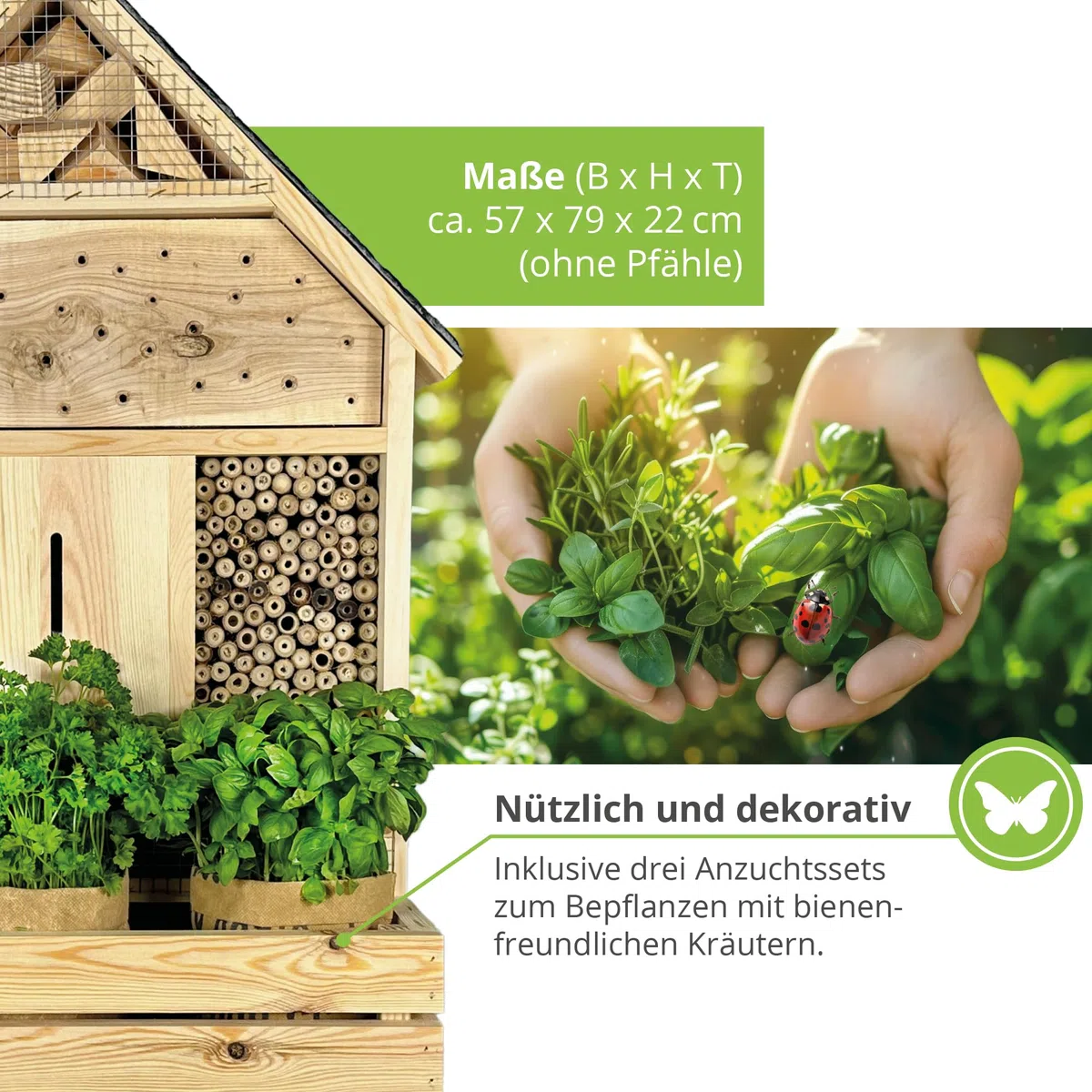 GARTENETAGE Stehendes Insektenhotel XXL mit Schieferdach und Pflanzenoase Kräuterparadies - inkl. Anzuchtset/Naturbelassenes, massives Insektenhaus & Bienenhotel/Insektenhotel zum Aufstellen
