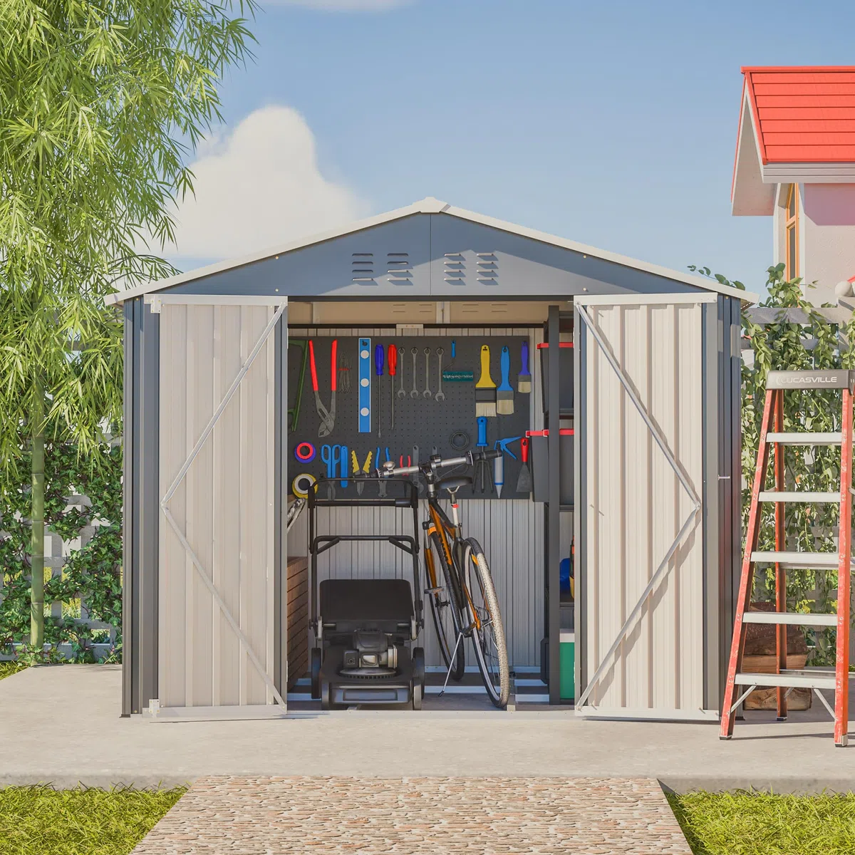 Metall Gerätehaus, Outdoor Gartenhaus mit Satteldach Belüftung,XXL | Für GartenGeräteschuppen mit Satteldach & 2 Türen, Gartenmöbel Wetterfest Wasserdicht für Terrasse, 240x192x191 cm, Grau