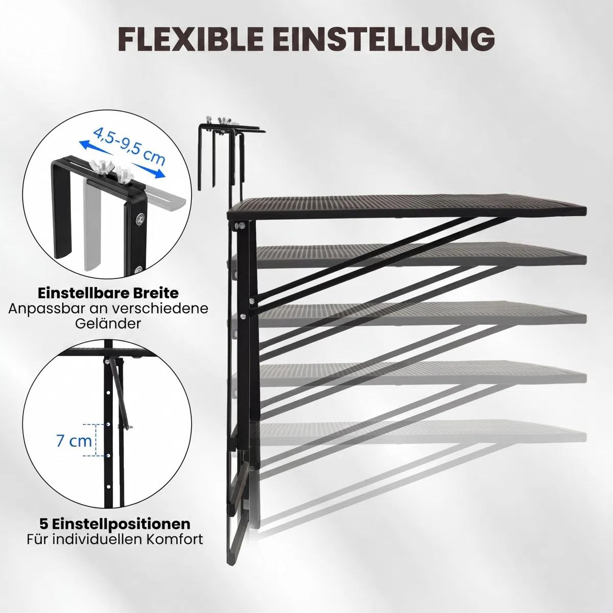 COSTWAY Balkontisch klappbar, 80x50 cm, Balkonhängetisch zum Einhängen, 5-Fach höhenverstellbar, Klapptisch aus Metall, rechteckiger Hängetisch für Balkon, 24 kg Tragfähigkeit, Schwarz