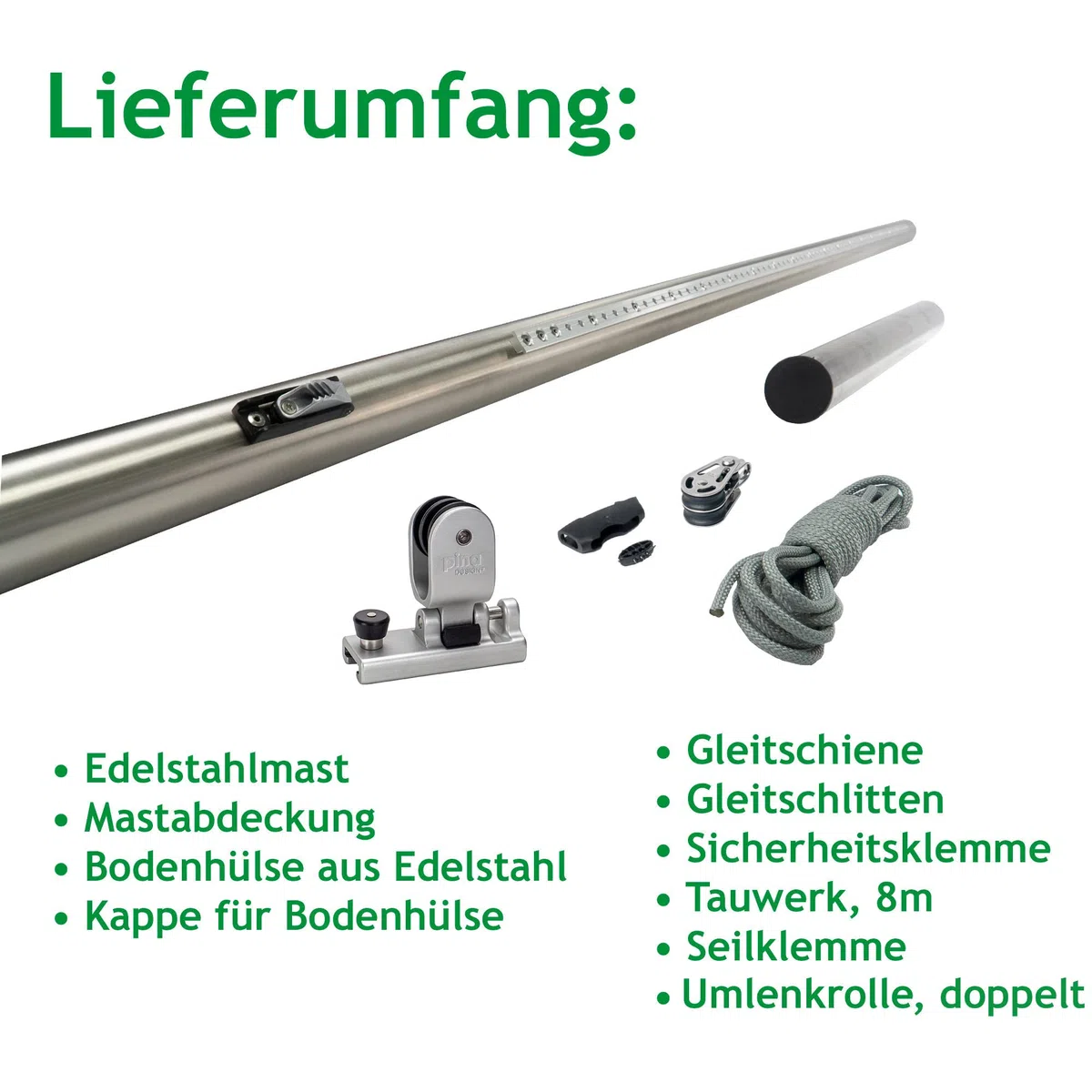 Sonnensegel Pfosten höhenverstellbar 3m, aus V2A Edelstahl inkl. Zubehör - 4-Fach Flaschenzug-Set & 0,75m Bodenhülse | Befestigung für sehr große Segel (70/3mm)