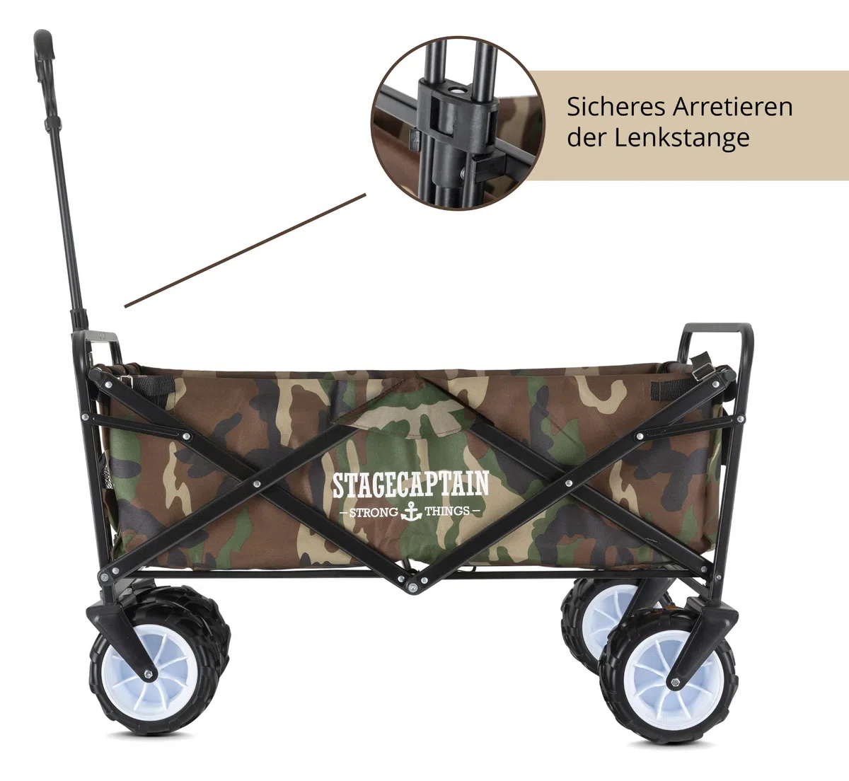 Stagecaptain BW-907 CA Bollerwagen faltbar, Camouflage | 150 kg Traglast, breite freidrehende Reifen, 600D x 300D Polyester, faltbares Metallgestell, 2 Außentaschen