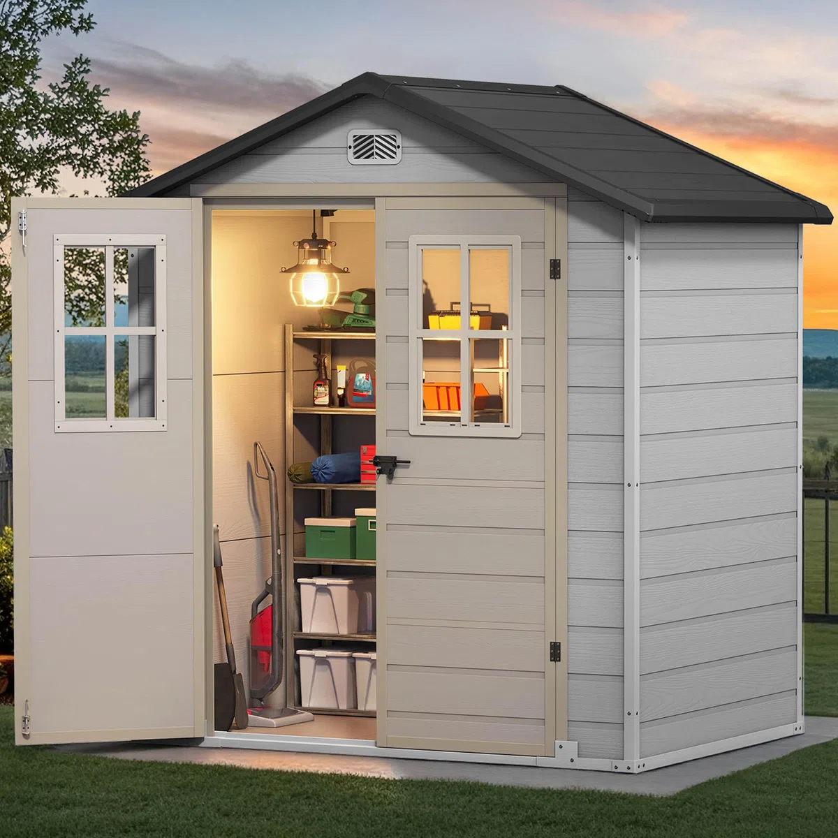 YITAHOME Klein Gartenhaus Kunststoff 183x135x208,Fahrradgarage,Greige Grau | Gerätehaus mit Boden|abschliessbar|UV-bestaendig|Wetterfest|Schrägdach|Garten Werkzeug Aufbewahrung|Gartenmöbel Unterstand