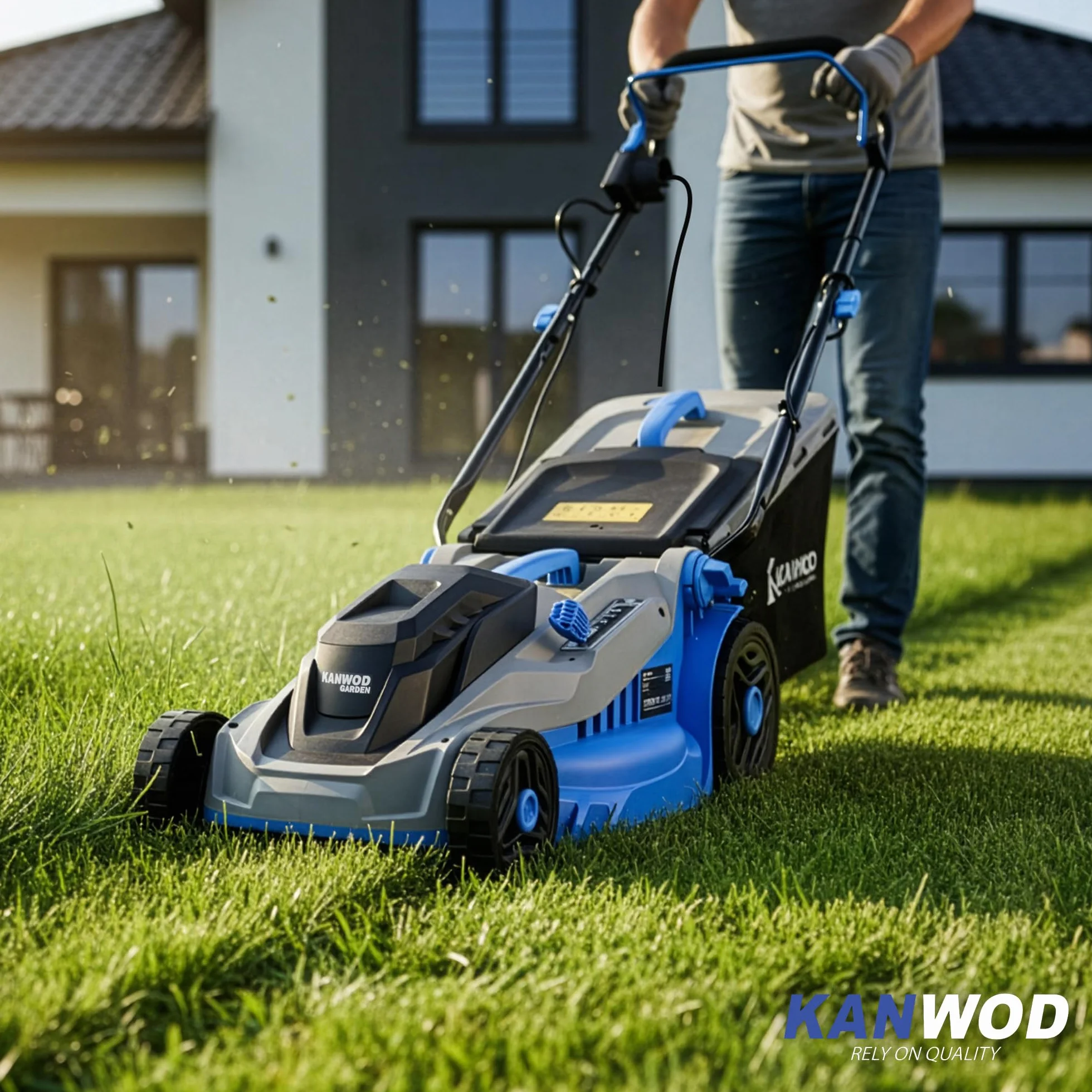 KANWOD Elektro Rasenmäher, 1600 W, 38 cm Schnittbreite, 5-stufige Schnitthöhenverstellung 30-75 mm, 42 L Grasfangkorb, 3400 U/min, empfohlen für Rasenflächen bis 1000 m², Grau/Blau