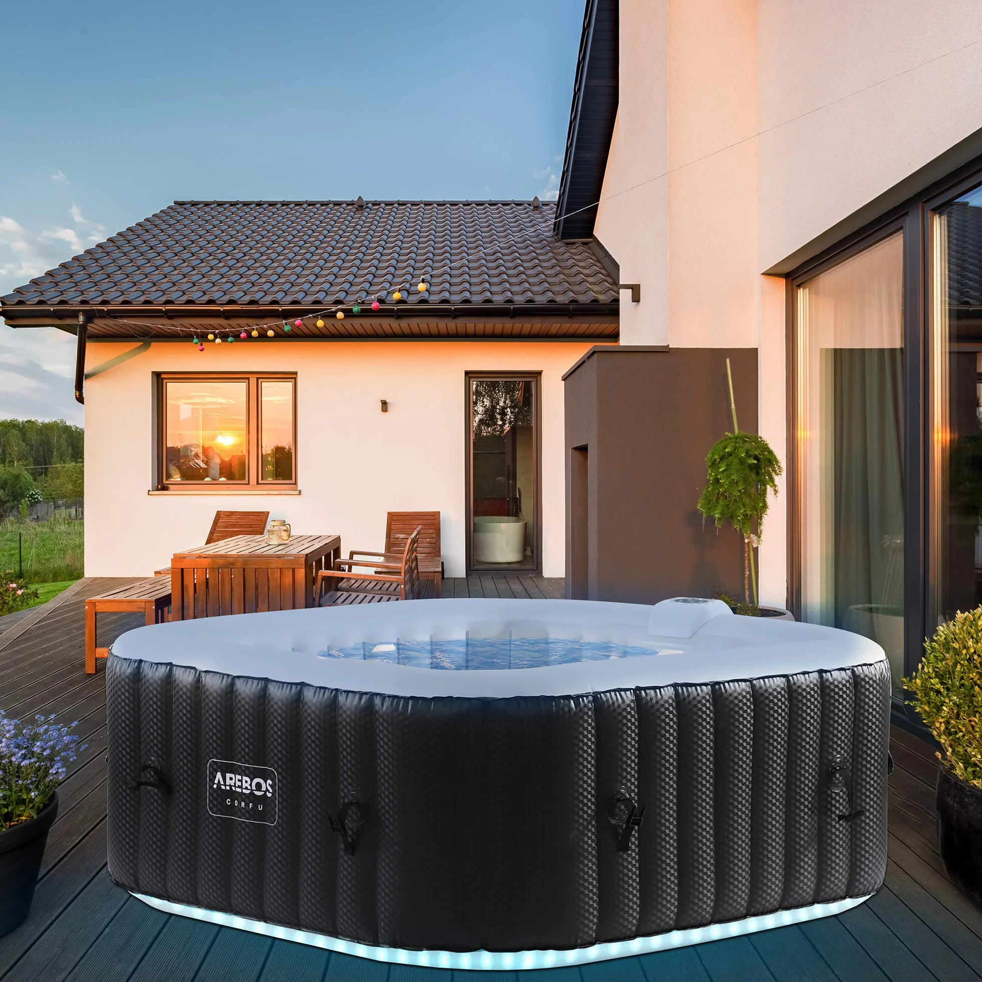 Arebos Whirlpool | 154 x 154 cm | mit LED-Beleuchtung | aufblasbar | quadratisch | In- & Outdoor | 4 Personen | 100 Massagedüsen | mit Heizung | 600 L | Inkl. Abdeckung | Bubble Spa & Wellness Massage