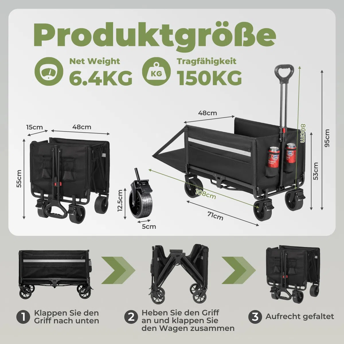 Bollerwagen Faltbar 120L+, Bis 150kg mit Heckklappe, Regenschutz, Bremsen | Reflektorstreifen, Strandwagen Klappbar, Faltbarer Bollerwagen Für Hunde, Einkaufen, Camping, Strand, Transport, Outdoor