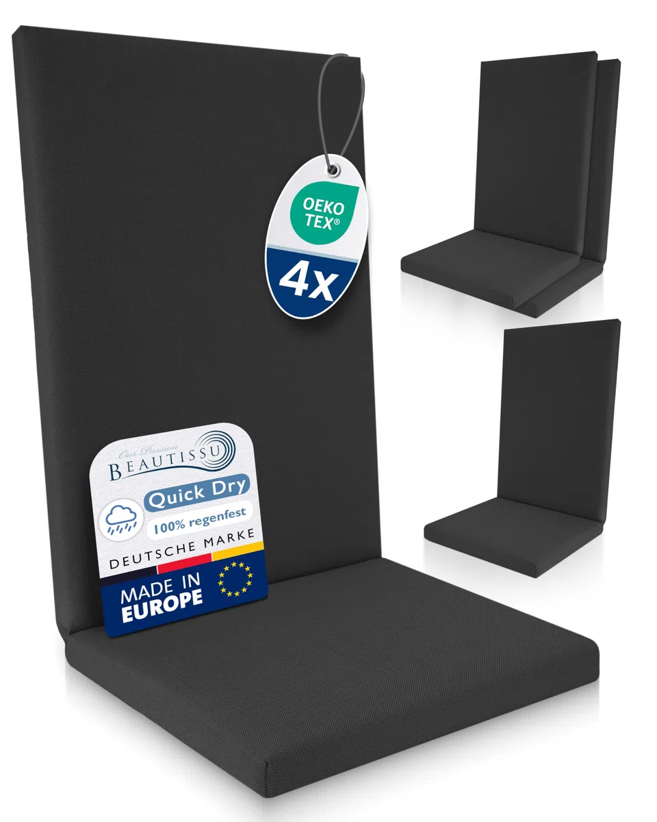 Beautissu 4er Set Premium Hochlehner Auflage 100% Wasserdicht Pflegeleicht | 120x50cm Anthrazit UV-beständig Bequem Waschbar Sitzkissen Gartenstuhl Polsterauflage Gartenmöbel Stuhlauflage Quick Dry