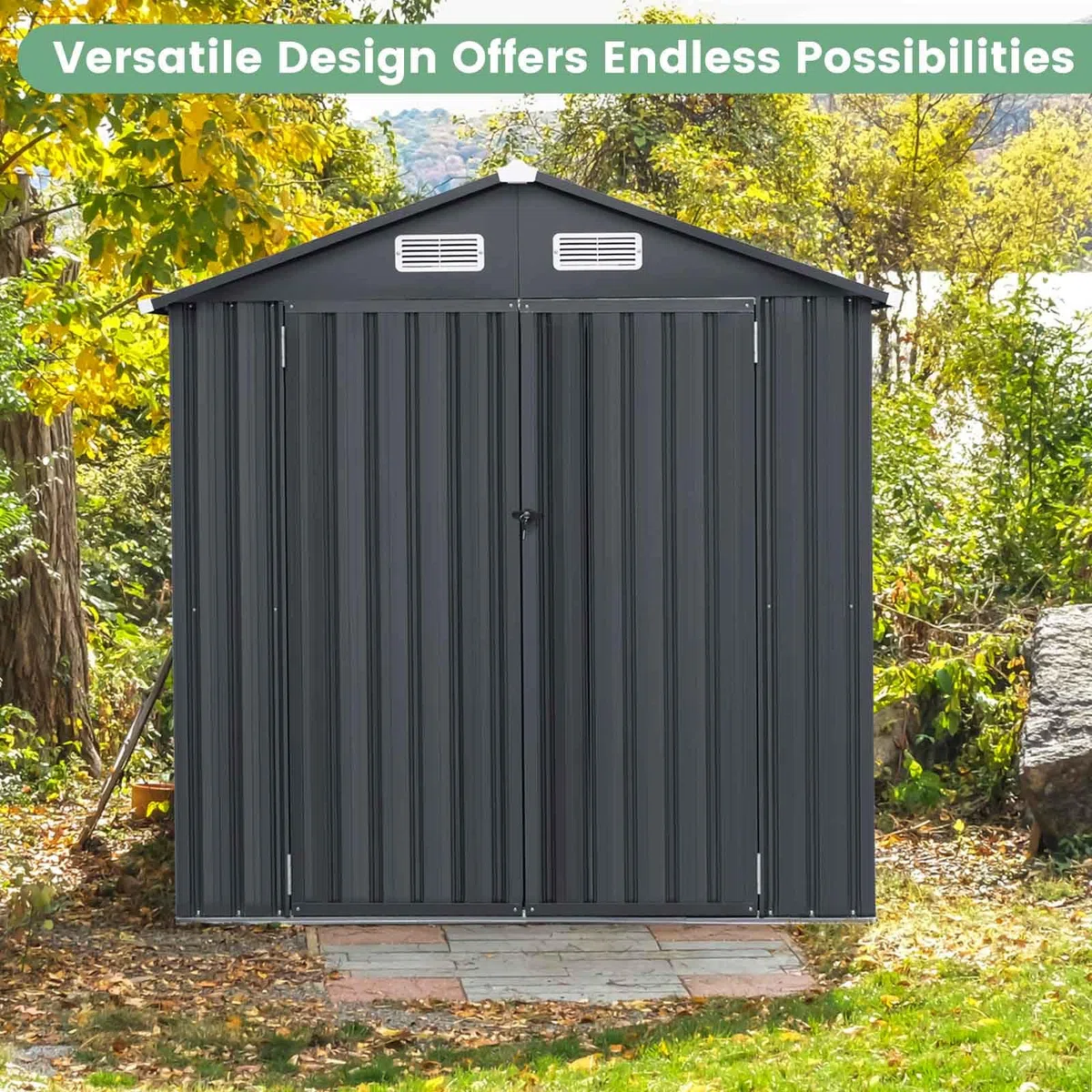 HOMASIS Gerätehaus Metall, Geräteschuppen mit Satteldach, 193x108x196cm, 3,44 m³, Gartenhaus mit 2 Tür & 2 Handschuhen & 4 Lüftungsfenster & Boden, Gartenschuppen Gartenhütte Outdoor wetterfest, Grau
