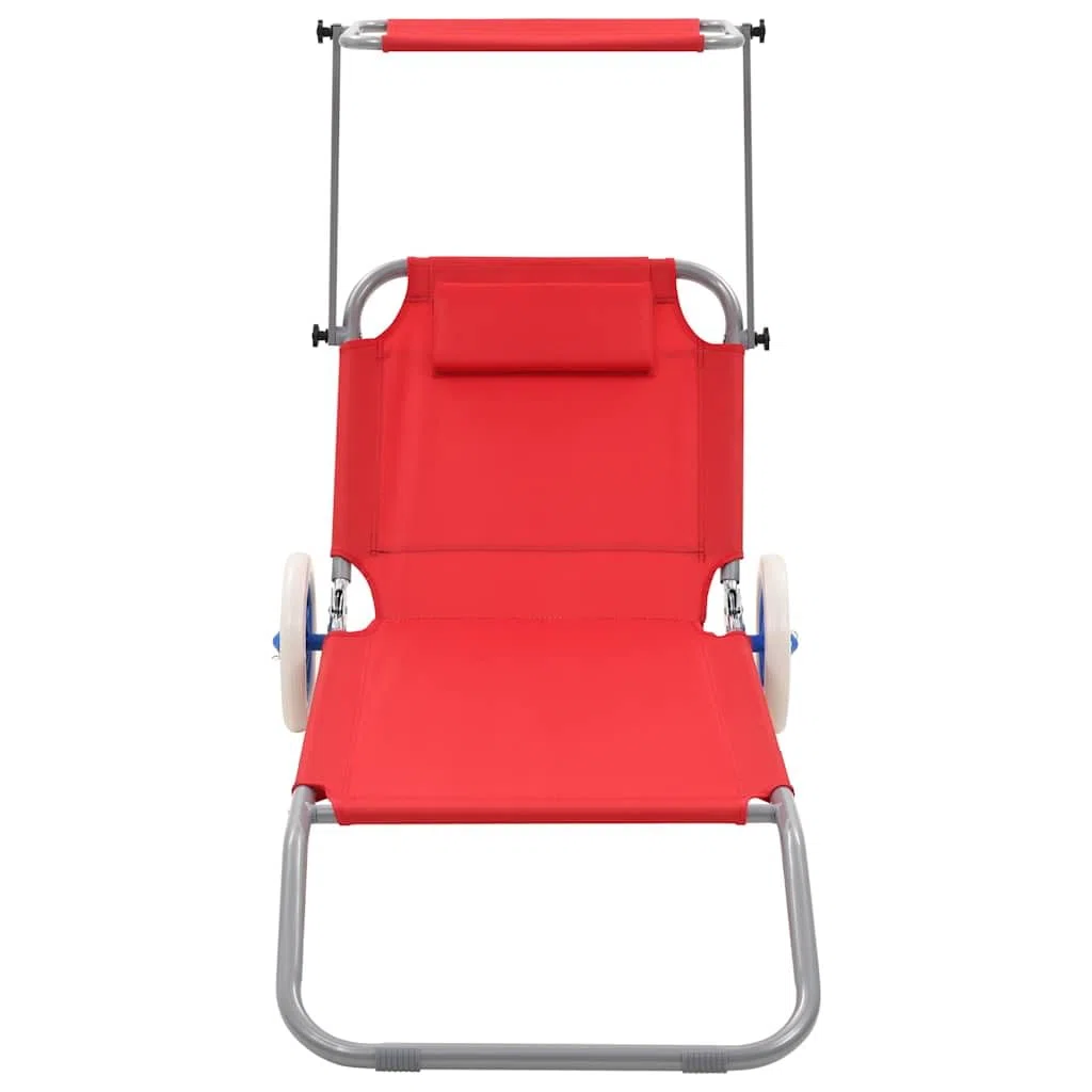 Klappbare Sonnenliege mit verstellbarem Dach, Rädern und Kopfkissen – Stahlgestell pulverbeschichtet, Polyester-Liegefläche rot, bis 110 kg belastbar, für Garten und Strand