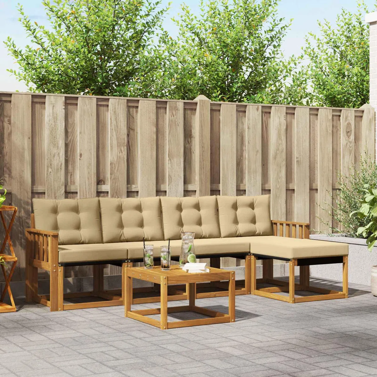 Outdoor-Sofagarnitur 6-teilig, wetterfestes Akazienholz und Textilene, modulare Sitzgruppe für Garten, Terrasse, Balkon, modernes Design, langlebige, Pflegeleichte Sitzmöbel, inklusive Tisch
