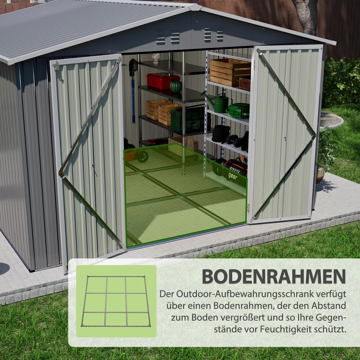 Metall Gerätehaus 300x300 cm Anthrazit, abschließbarer Gartenschuppen mit Bodenrahmen, wetterfester Stahl Geräteschuppen, Fahrradgarage