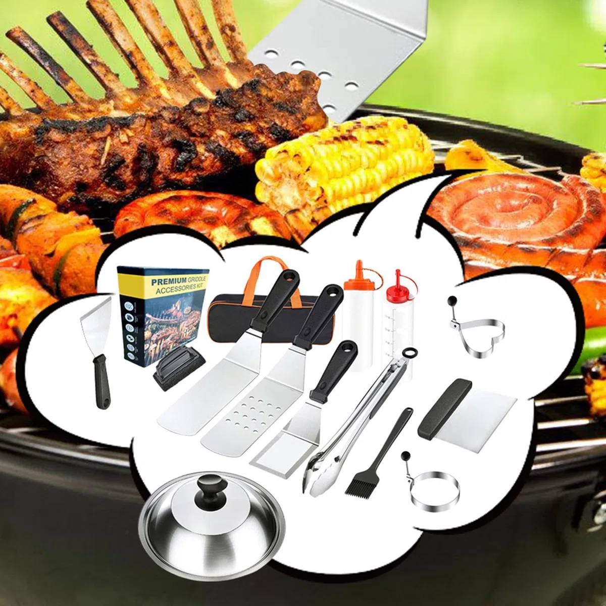 Grill-Set - Grillzubehör-Set Aus Hochwertigem Edelstahl - Tragbares | Küchenzubehör Für Fleisch Und Shrimps – Für Garten Camping Terrasse Und Picknick