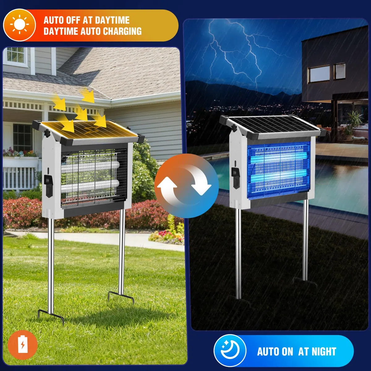 Solar Bug Zapper Outdoor, 4500V Wiederaufladbarer Wasserdichter Mückenvernichter mit Solarpanel Sensor, Elektrische Fliegenfalle, 3.0 m Kabel, Kabelloser Insektenvernichter für Terrasse Hof