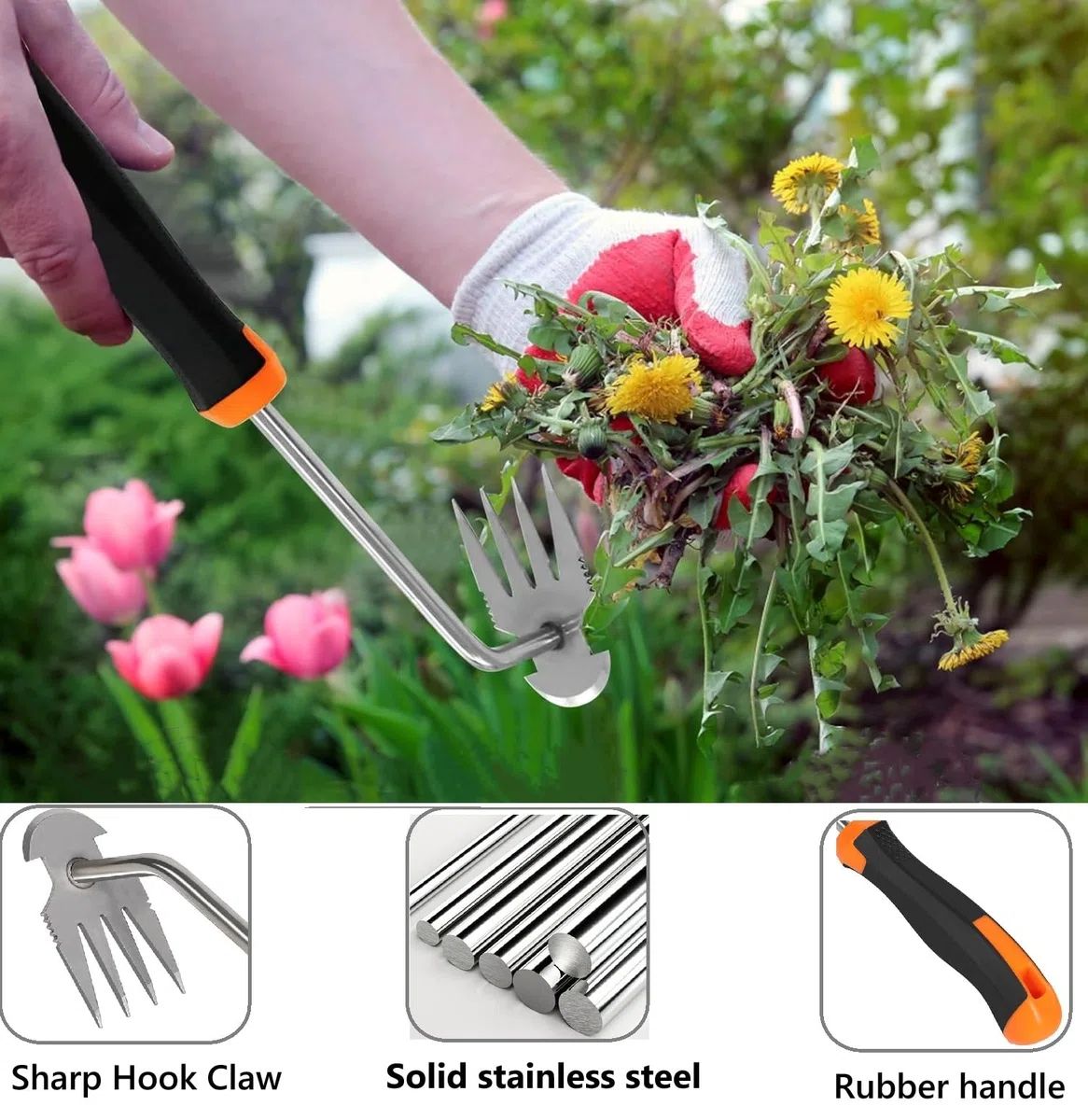 Unkrautentferner, Unkrautentferner, Edelstahl, Handjäter, 4 Zähne, Doppelzweck-Unkrautentferner, Unkrautentferner, Werkzeug für Gartenarbeit