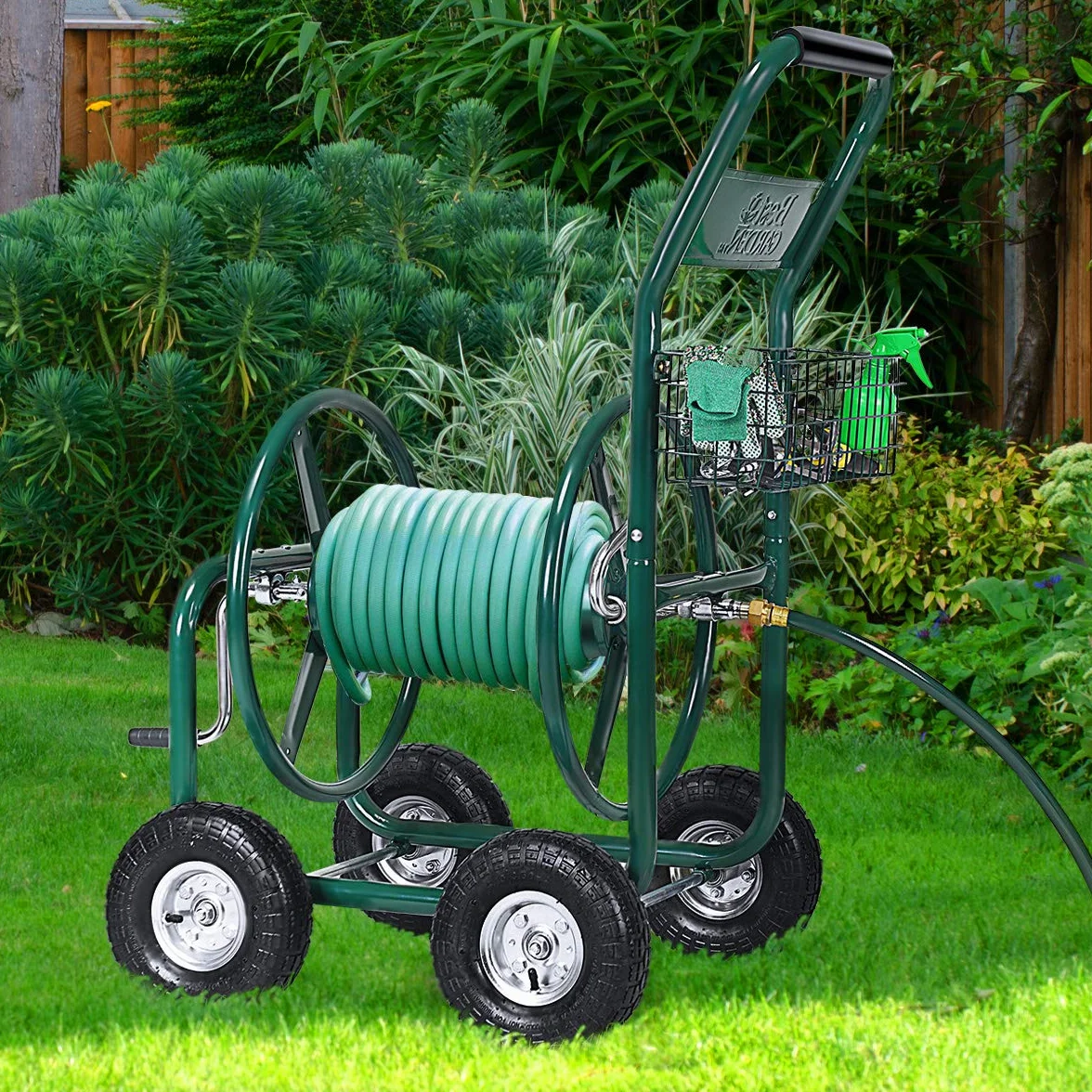 COSTWAY 80M Schlauchwagen Gartenschlauchwagen, für 5/8" Schlauch, Schlauchaufroller mit Korb, Schlauchhalter Metall, Schlauchtrommel mit 189cm Anschlusschlauch