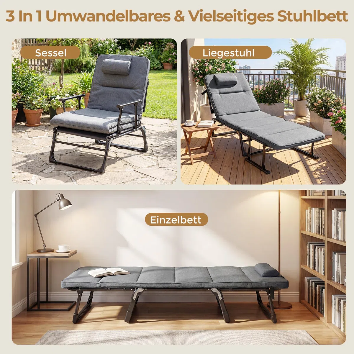 COSTWAY Sonnenliege klappbar, 3 in 1 Gartenliege mit Auflage, Kopfstütze, Verstellbarer Rückenlehne, Liegestuhl bis 200 kg belastbar, Campingliege, Klappbett für Garten, Camping, Büro