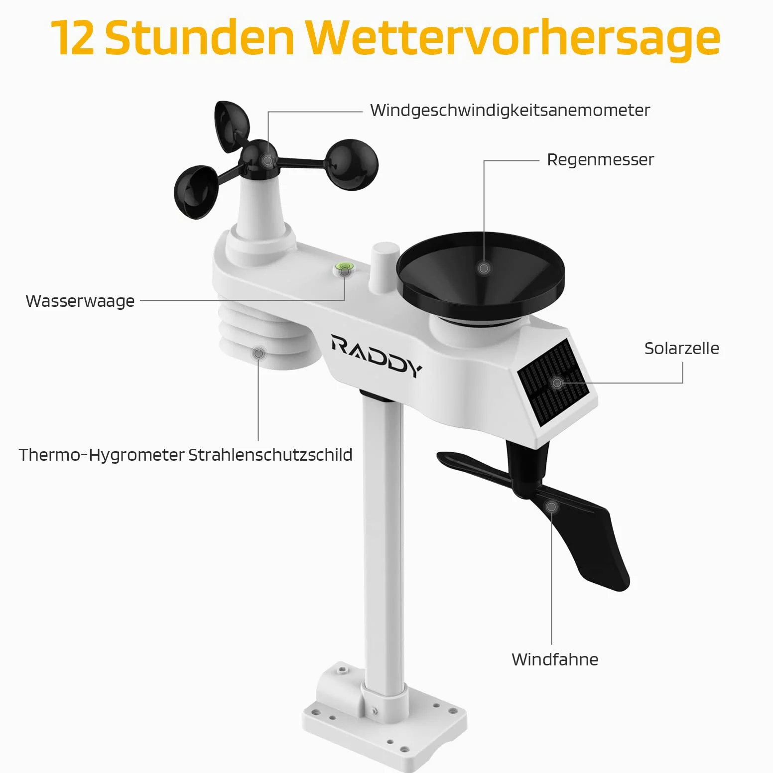 Raddy WF-100C Lite WLAN Wetterstation Funk mit Außensensor, 13-in-1 Profi Wetterstation mit App, Thermometer Innen/Außen, Barometer, Hygrometer, Wind- & Regenmesser, Wettervorhersage für Haus & Garten