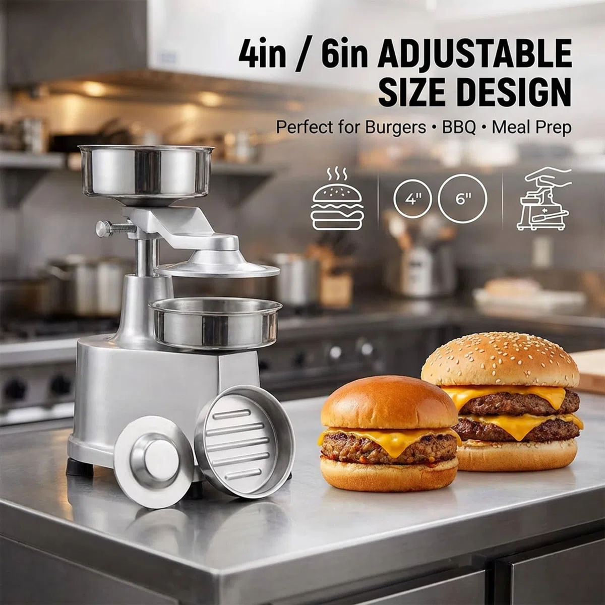 Hamburgerpresse Patty Maker mit 10,2 cm 15,2 cm Formen, Edelstahl-Burgerpresse mit 500 Patty-Papieren für Grill, Zuhause, Küche, Lebensmittelwagen