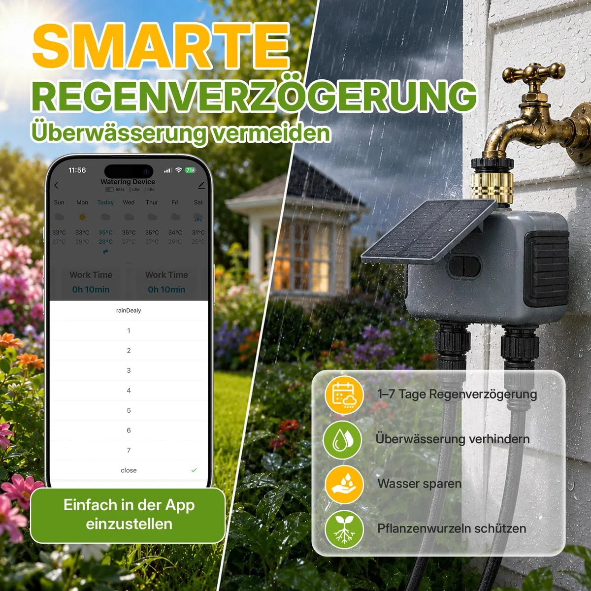 Mcbazel Solares Bewässerungscomputer mit 2 Ausgängen, WLAN-Bewässerungsuhr mit Solar & USB-C-Aufladung, App- & Sprachsteuerung, Regenverzögerung, Automatische/Manuelle Bewässerung, IP55 Wasserdicht