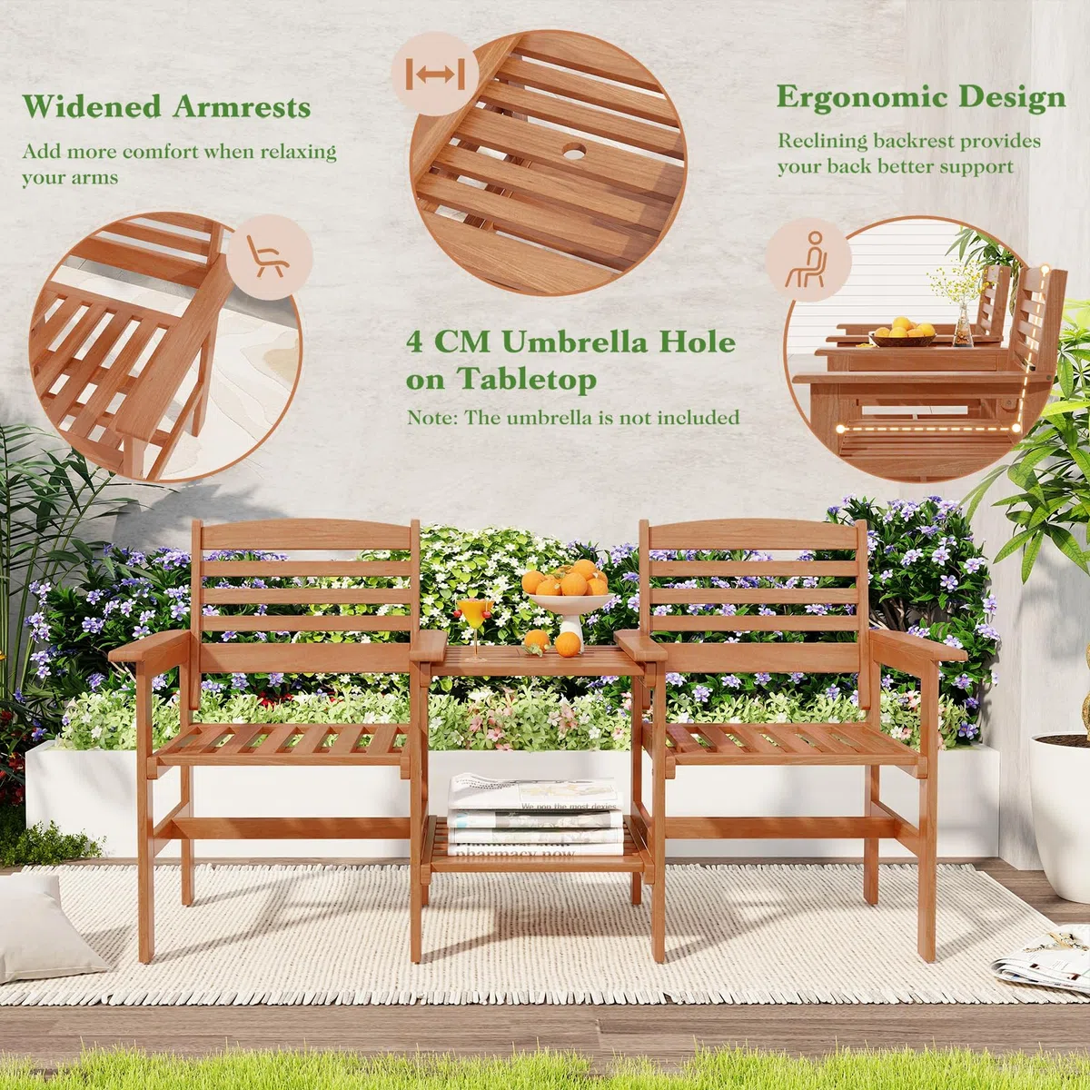 KOMFOTTEU 2-Sitzer Gartenbank Massivholz, Sitzbank mit Beistelltisch & Schirmloch, Terrassenbank Gartenmöbel Set für Balkon Garten