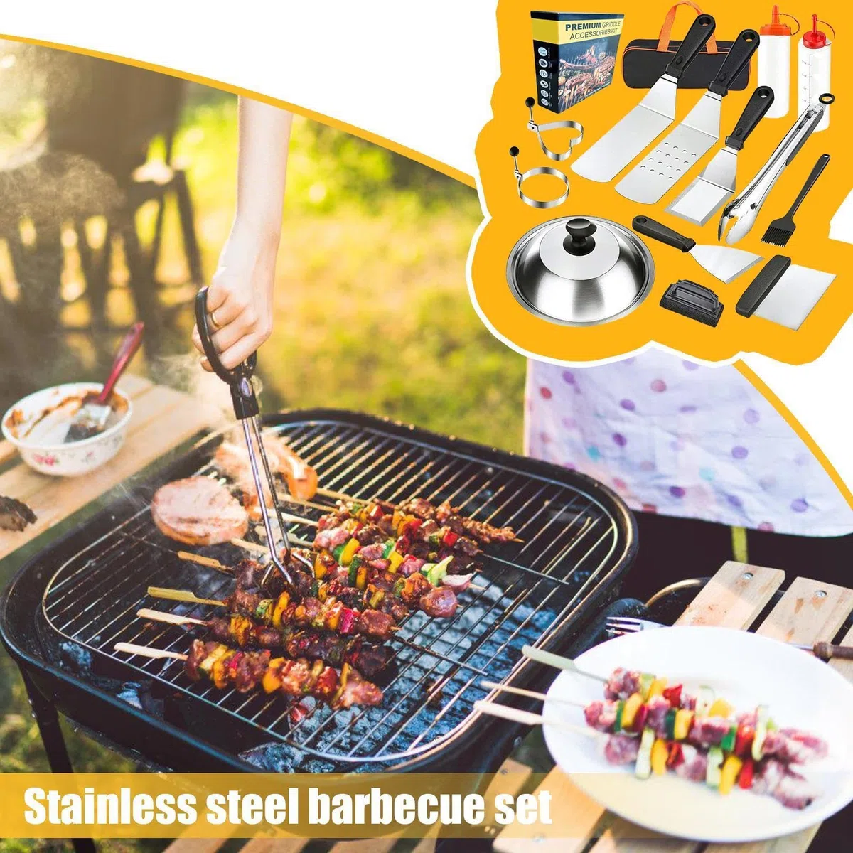 Grill-Set - Grillzubehör-Set Aus Hochwertigem Edelstahl - Tragbares | Küchenzubehör Für Fleisch Und Shrimps – Für Garten Camping Terrasse Und Picknick