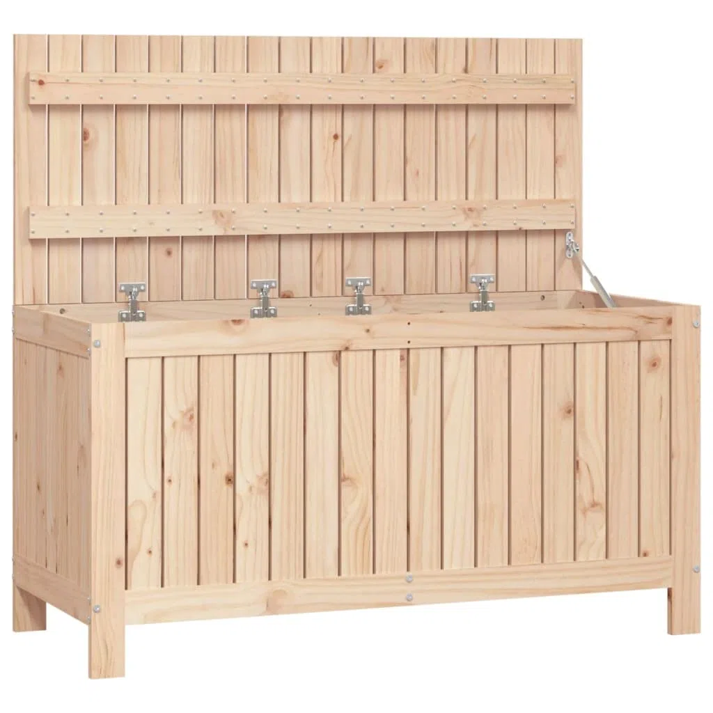 Gartentruhe aus Massivholz Kiefer 115x49x60 cm mit Gasdruckfeder Deckel und Belüftungslatten, Stauraum Box für Garten Geräte und Zubehör, Aufbewahrungslösung