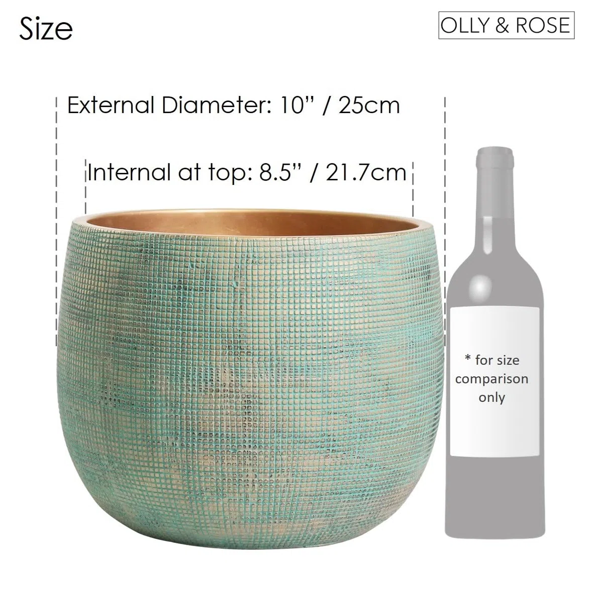 Olly & Rose Bali Pflanzgefäß aus Keramik, groß, 25 cm, für drinnen und draußen, Grün/Gold
