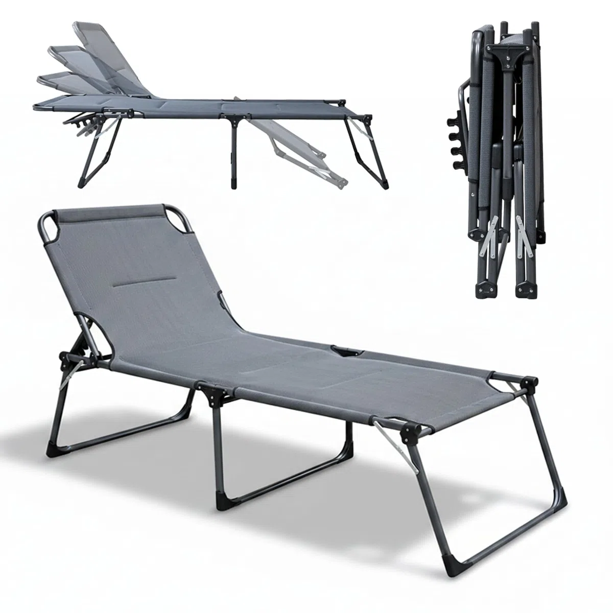 hausratplus Sonnenliege XXL Dreibeinliege Soft Touch 3D gepolstert | Abmessungen: 215 x 70 x 50/90 cm (L x B x H) 130 kg Tragkraft | 4-Fach verstellbares Kopfteil | zusammenklappbar anthrazit/grau