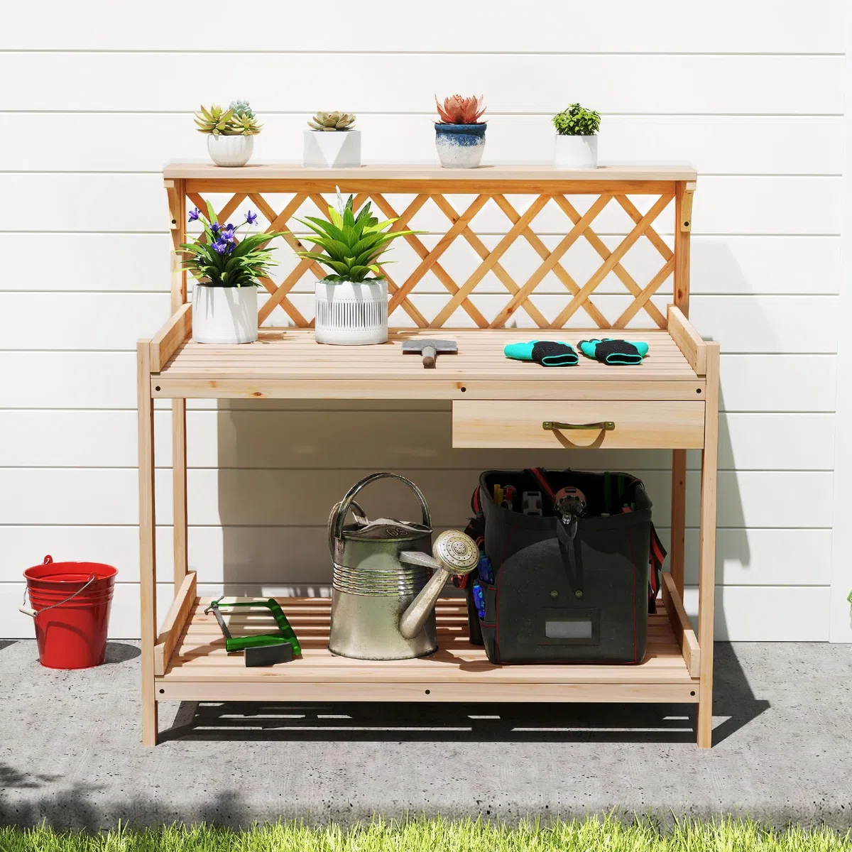 COSTWAY Pflanztisch mit Rankgitter, Gärtnertisch Holz mit Arbeitsplatte, Schublade & 2 Ablagen, Garten Arbeitstisch Tannenholz, für Garten Balkon Terrasse, 90 x 59 x 88 cm, Natur